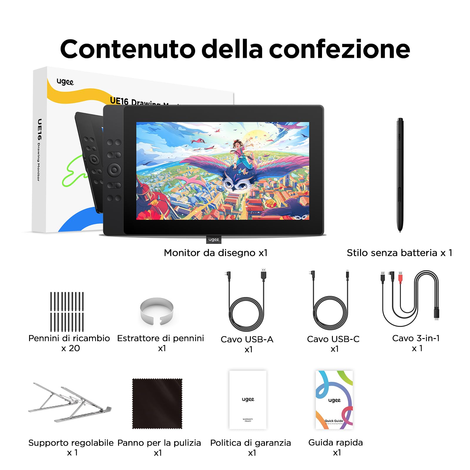Tavoletta Grafica ugee con Display, UE16 FHD IPS da 15,4 Pollici con Schermo sRGB al 143%, Stilo Senza Batteria da 16K Passi, 8 Tasti di Scelta Rapida Fisici e una Rotella Rotonda