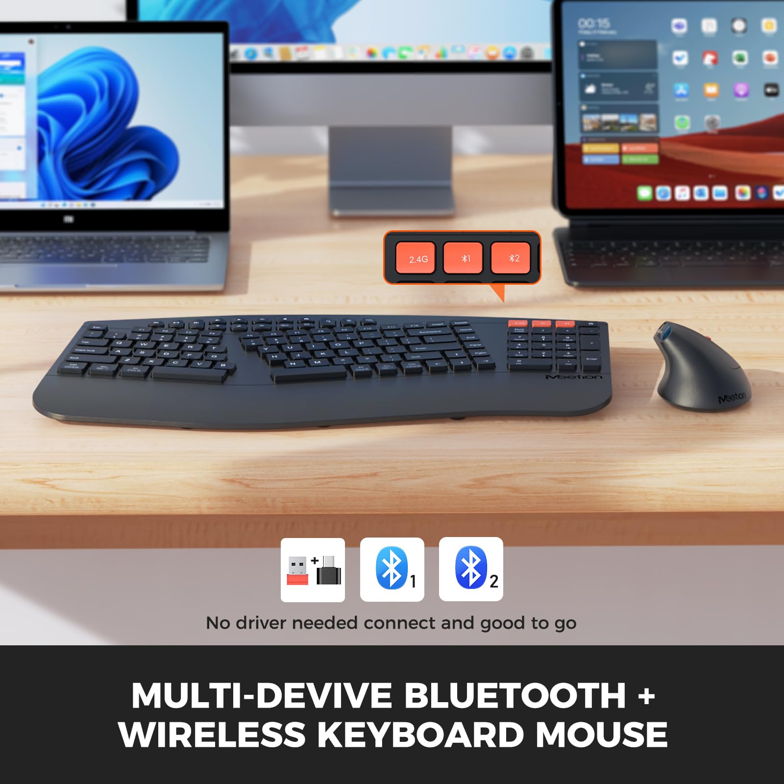 MEETION Wireless Ergonomic Keyboard and Mouse, Multi-Device Bluetooth Keyboard and Mouse, 3 DPI Adjustable Full-Sized Cordless Keyboard and Mouse, for PC/Computer/Laptop/Window, Black