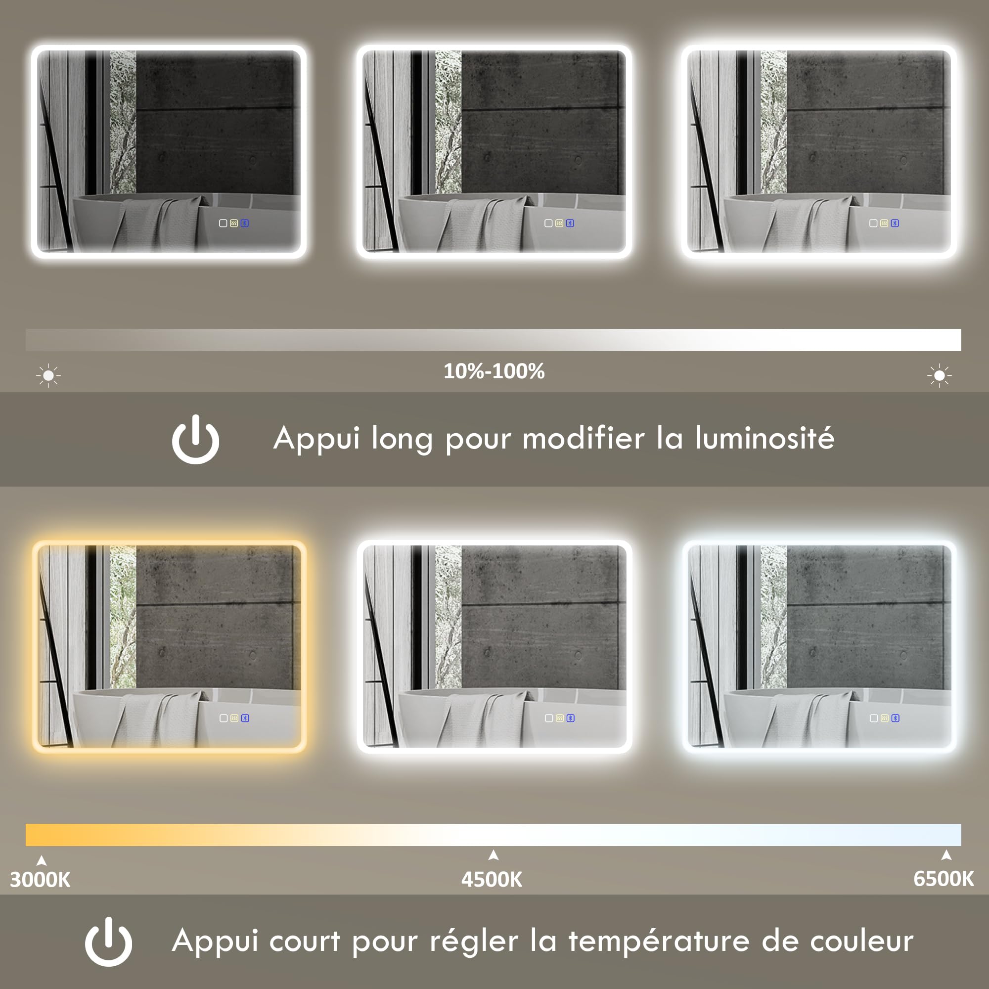 HOMCOM Miroir Salle de Bain Bluetooth 70 x 90 cm, Miroir Lumineux Salle de Bain Mural avec éclairage LED, Interrupteur Tactile, lumière réglable 3 Couleurs, Anti-buée, mémoire - Argent