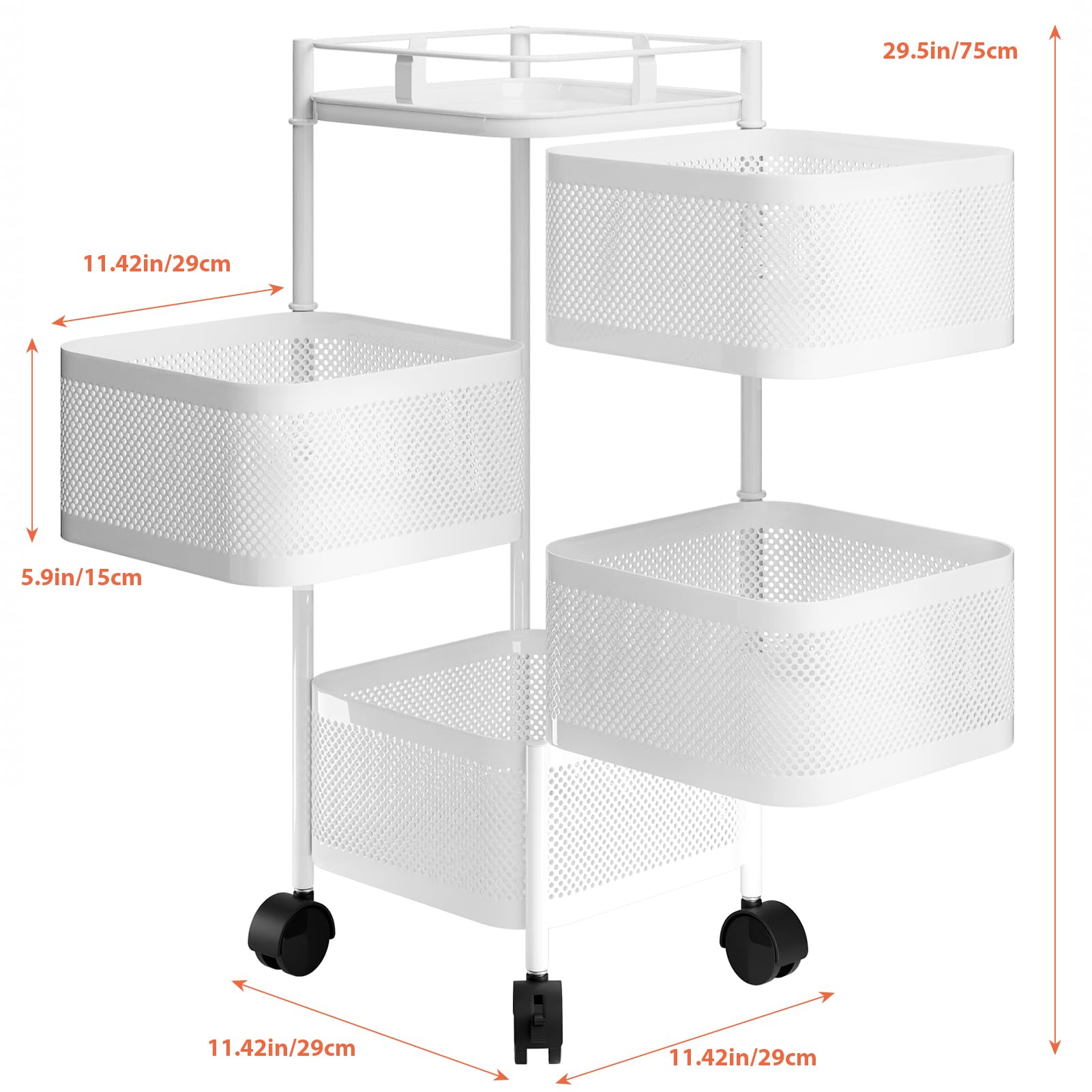 Carrello da cucina a 5 ripiani con design rotante in filo metallico e coperchio superiore, multiuso, per frutta e verdura, per cucina, soggiorno e soluzioni di archiviazione