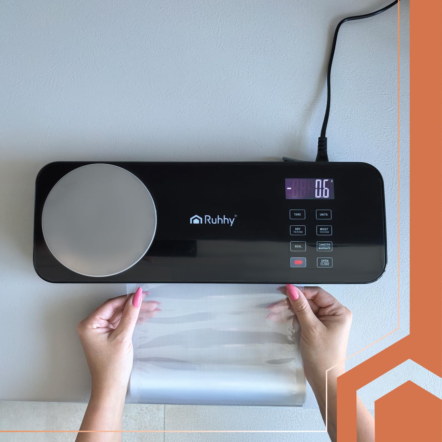 Ruhhy Urządzenie do pakowania próżniowego z wagą 2 w 1 – 80 kPa, podwójna pompa 9 l/min, 120 W, szerokość spawania 30 cm, zintegrowany nożyk przesuwny, 6 trybów (Dry/Moist/Moist+, Pulse, Vac&Seal