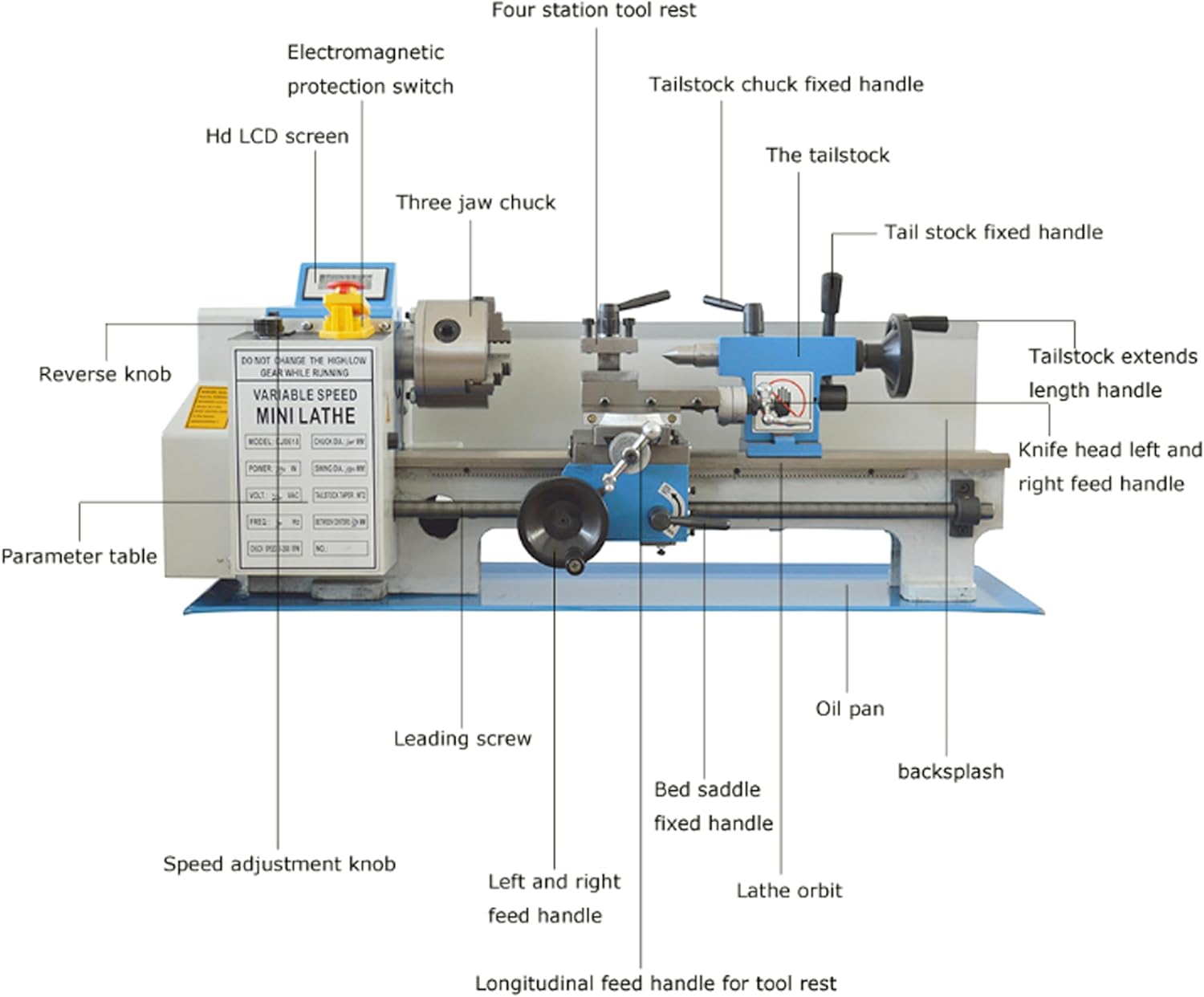 750W Teaching Metal Bench Lathe Machine 7 * 14 Inch for Milling Drilling Metal Working with Adjustable Speed Three-Jaw Chuck Metric Scale Emergency Stop Switch