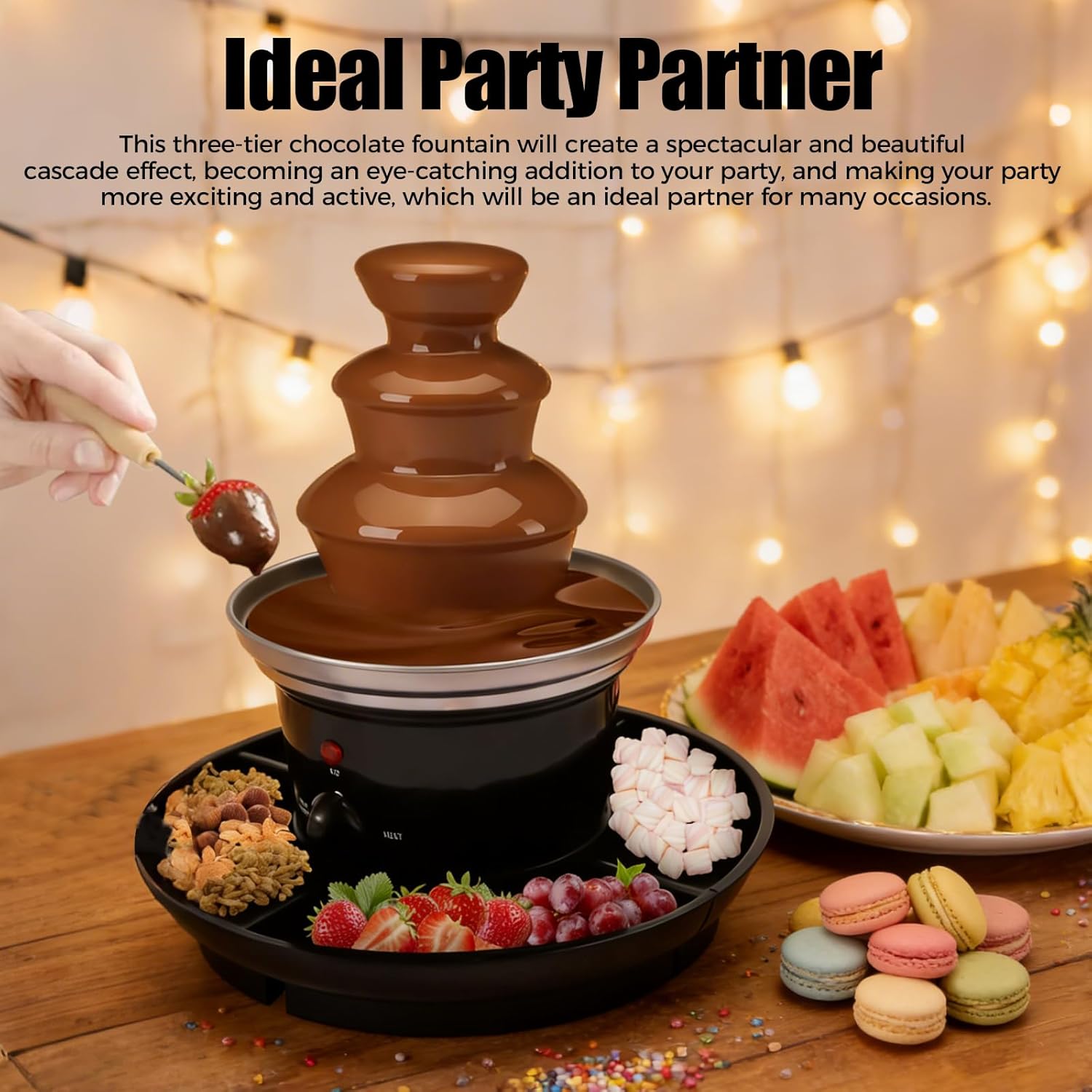 Three-Tier Electric Chocolate Fountain Machine, 1-Pound Capacity, with Food Tray and Rotating Spiral Rod for Parties, Weddings, Family Gatherings