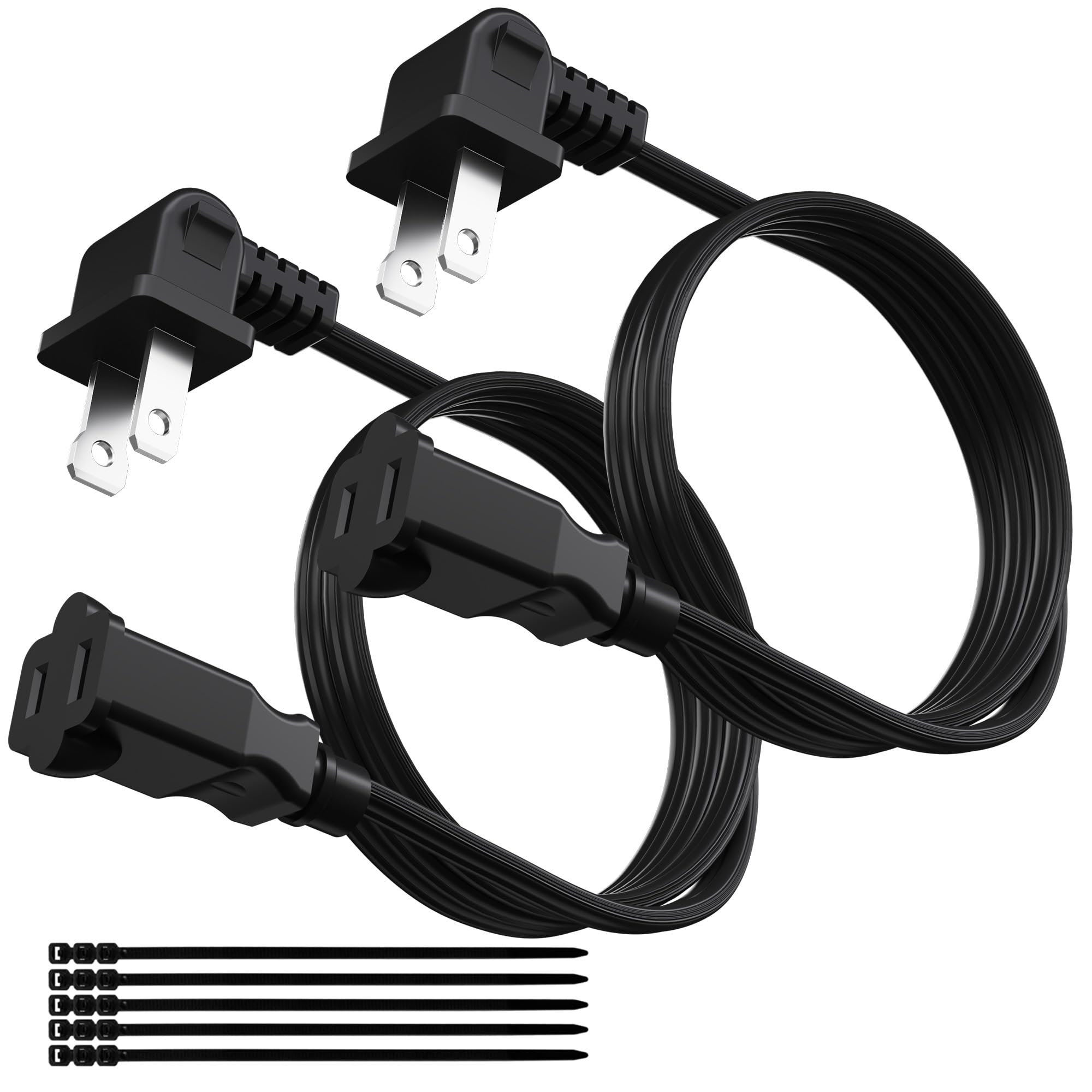 90 Degree 2 Prong Polarized Power Extension Cord 4 FT/2 Pack, Angled Low-Profile Plug, Light Duty 18 Gauge 125V/10A SPT-2 Cable for Indoor Home Office Lights Appliances, ETL+Ties-Black