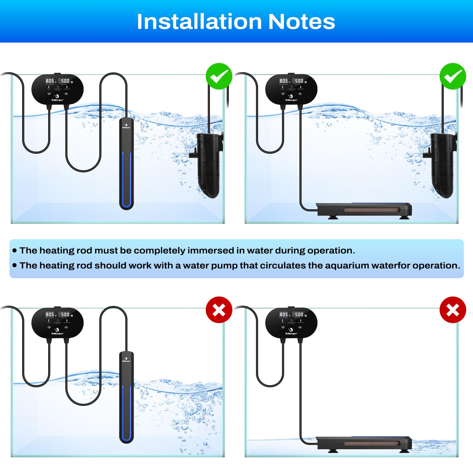 fishkeeper Aquarium-Heizung mit intelligentem LED-Alarm-Temperaturregler, 500 W tauchfähiger Aquarium-Heizstrahler für 180 - 500 Liter, lässt Wasser automatisch aufhören, für Süß- und Salzwasser