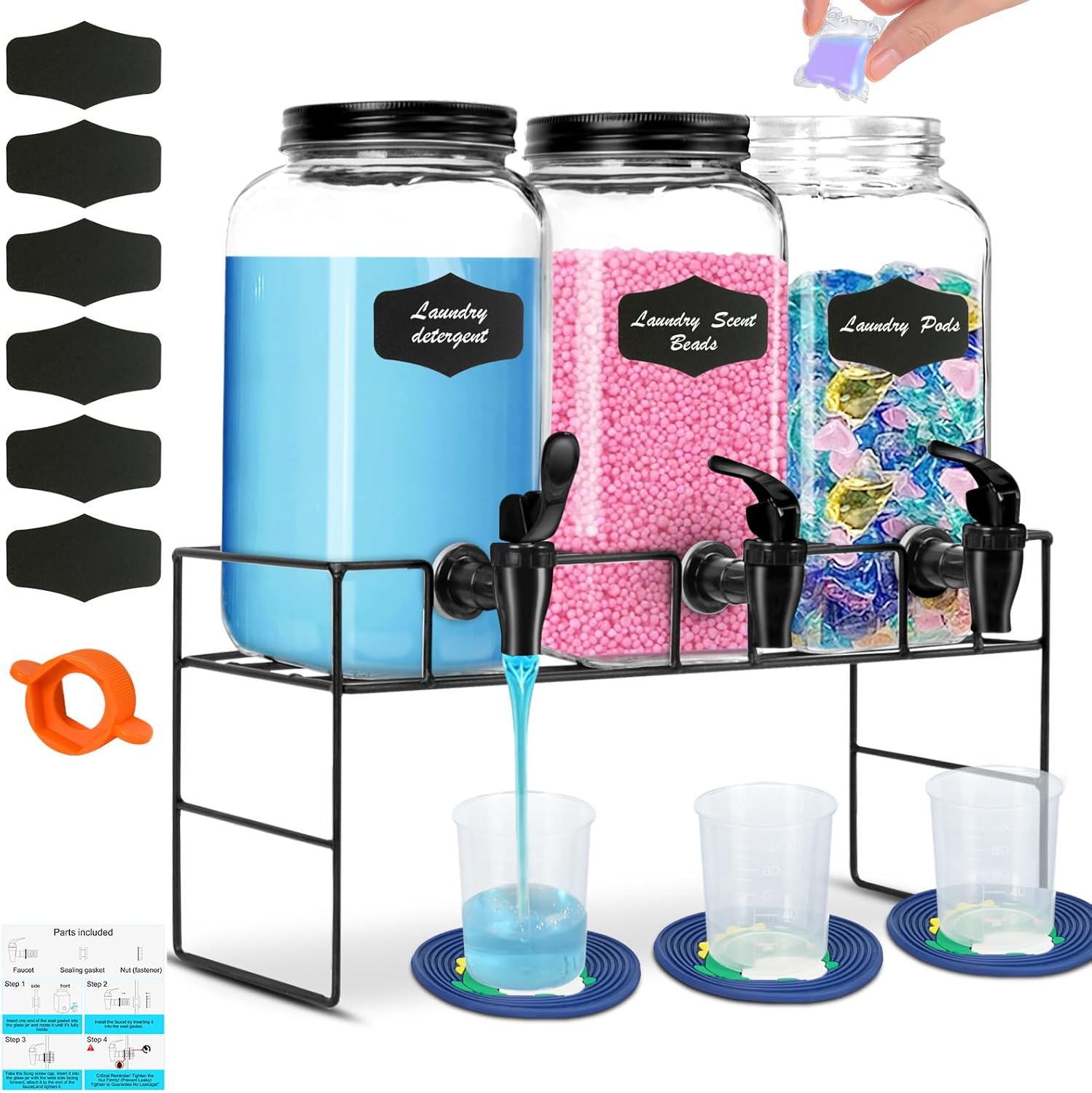 3-Pack 2.2L Glass Laundry Detergent Dispenser Set with Stand – Premium Liquid Soap Dispenser with PP Spigots, Measuring Cups, and Chalkboard Labels for Laundry Room Organization and Storage