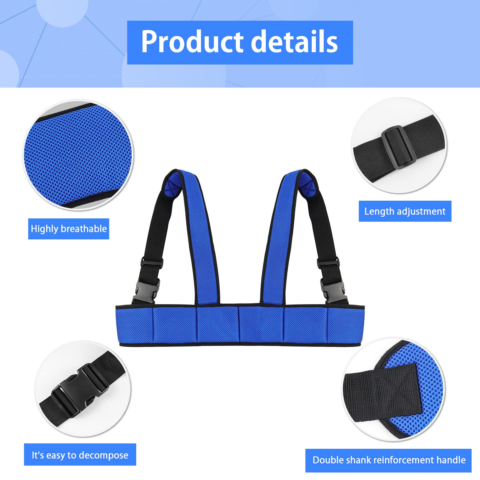 [LOSCHEN]Arnés de silla de ruedas antideslizante medio chaleco cinturón de seguridad de espesor ajustable para niños mayores y discapacitados, evitar caídas de inclinación (azul)