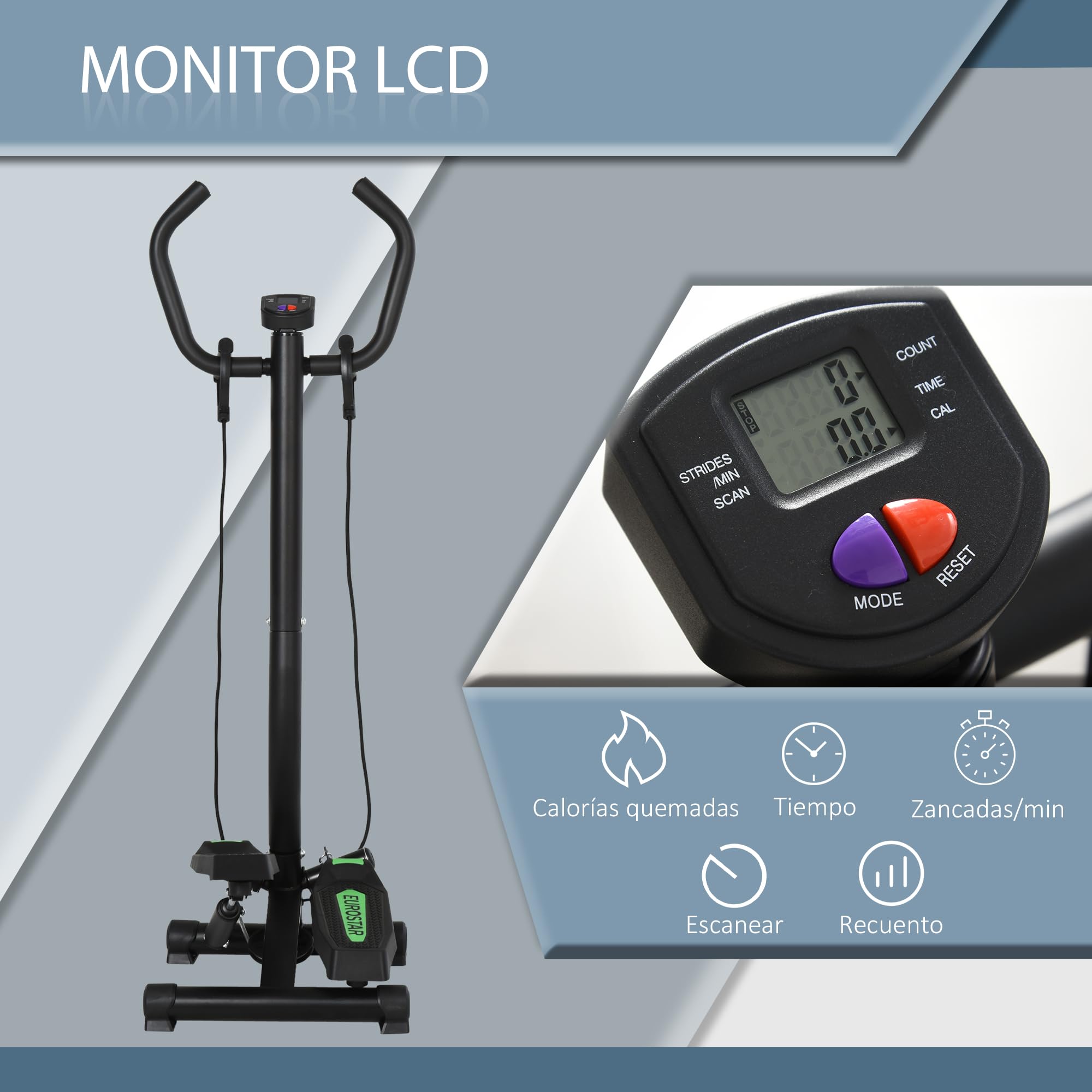 HOMCOM Máquina de Step de Acero Stepper Up-Down Máquina de Paso con 2 Reposapiés 2 Banda Elástica y Pantalla LCD Pedales Ajustables Resistencia Hidráulica para Casa Oficina 40x40x118cm Negro y Verde