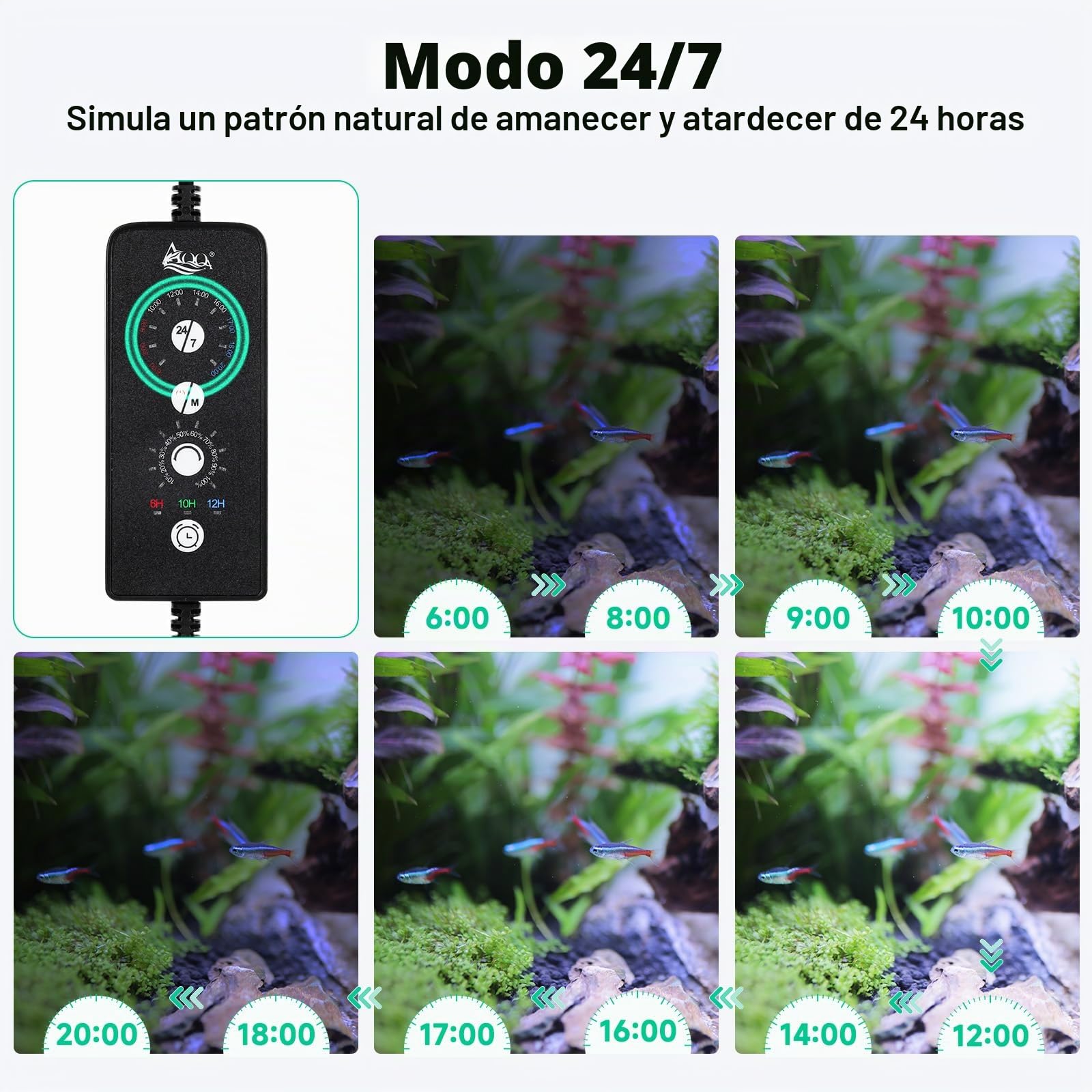 Lámpara LED para acuario AQQA, lámpara LED para acuario de 42W de espectro completo 24/7, iluminación de acuario regulable con temporizador, iluminación para plantas de acuario con función de memoria