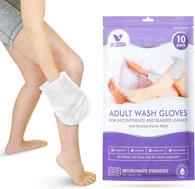 Medcosa Adult Washgloves for Incontinence - Unique Disposable Body Wipes Shaped Like a Glove. Unscented, Premoistened Wet Wipes, with Barrier Cream & Dimethicone - 1 Pack (10 Gloves)