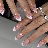 Vista 12 de Uñas postizas a presión con punta francesa negra, uñas cortas de almendra, uñas con pegamento para mujer, uñas acrílicas francesas de gel, uñas