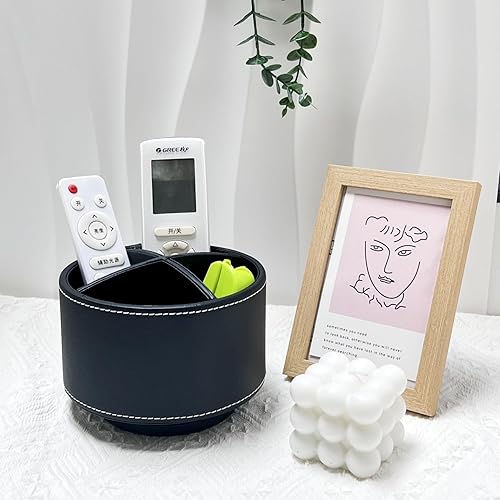 Miniatura 7 de Arniche Soporte redondo de cuero sintético para control remoto de TV, organizador de escritorio giratorio de 360, 4 compartimentos para