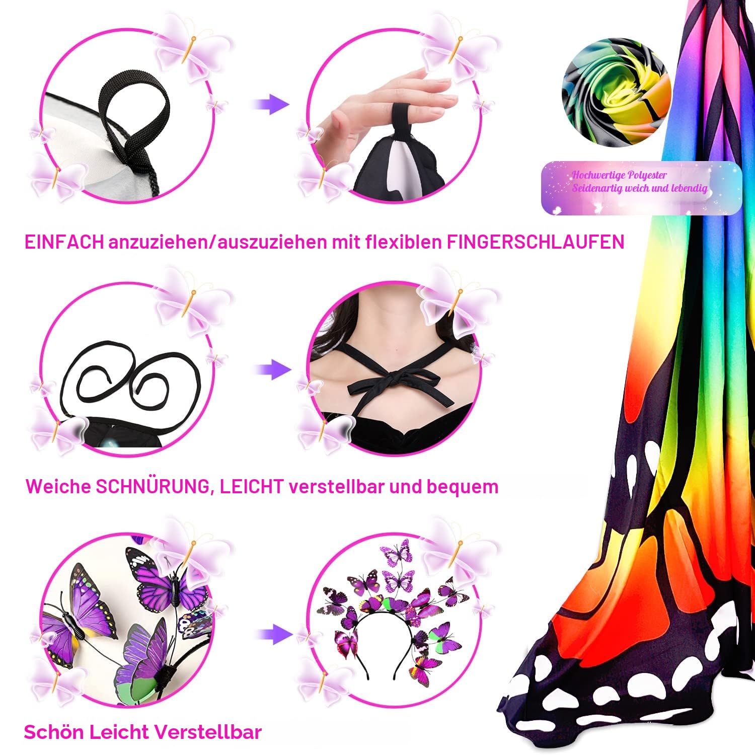 Erwachsene Schmetterlingsflügel, Doppelseitige Erwachsene Feenflügel, Halloween Kostüme für Frauen Bunter Schmetterlingsumhang