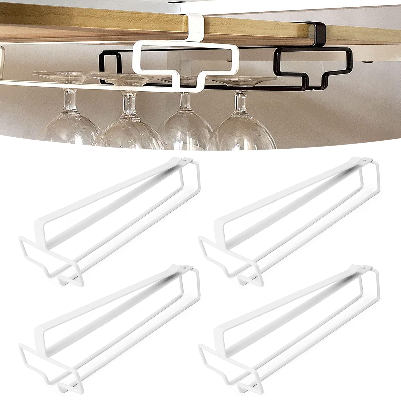 4 Pezzi Porta Bicchieri da Vino Sospeso Supporto per Calici di Vino Sottopensile Rack per Calici Senza Foratura Scolabicchieri Vino in Metallo per Bar Ristorante Cucina (Bianco)