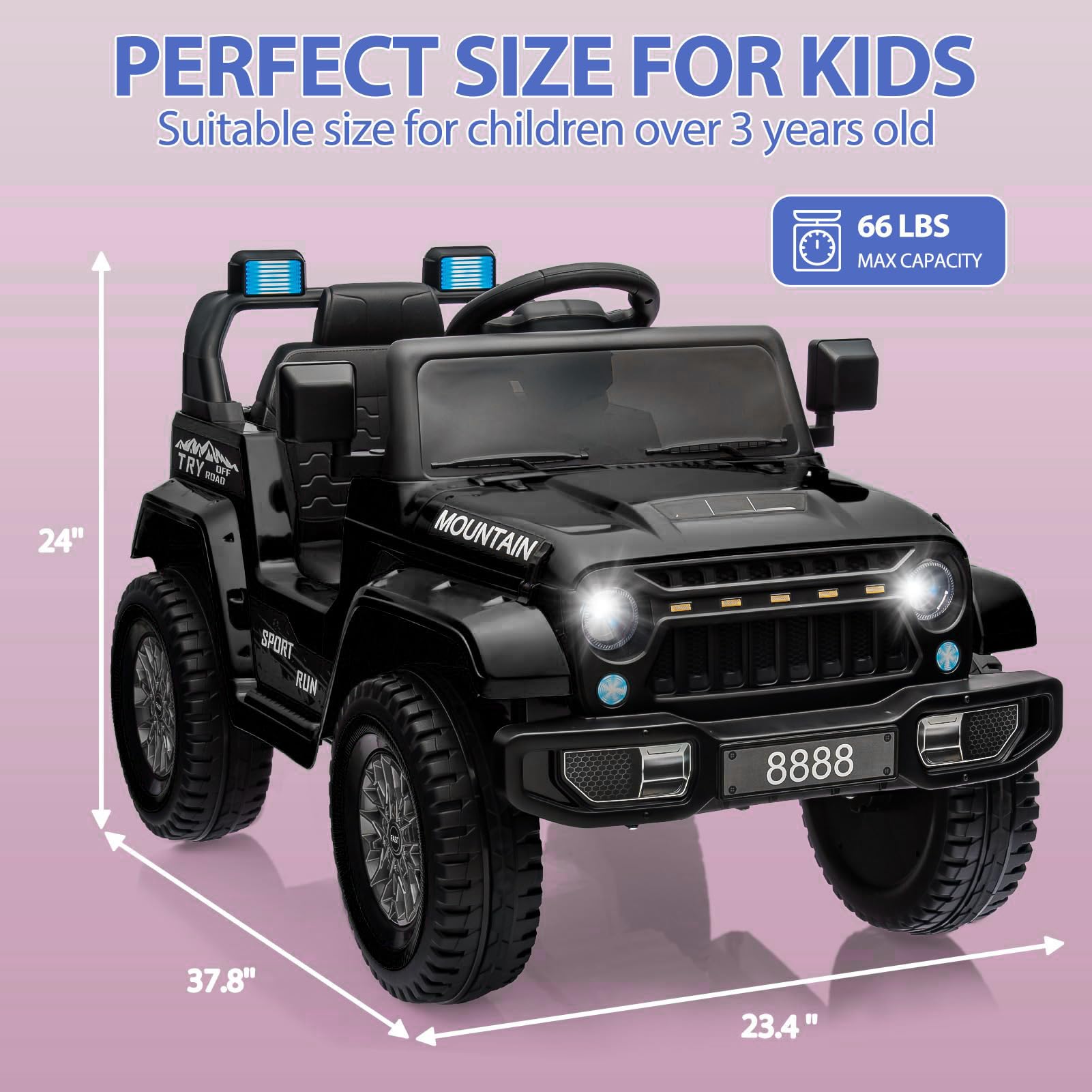 12V Kinder Elektroauto mit Fernbedienung – 2x35W Motoren, bis 5 km/h, LED-Lichter, Musik, Hupe, Federung, Sicherheitsgurt – Elektrisches Kinderfahrzeug Geschenk – Schwarz