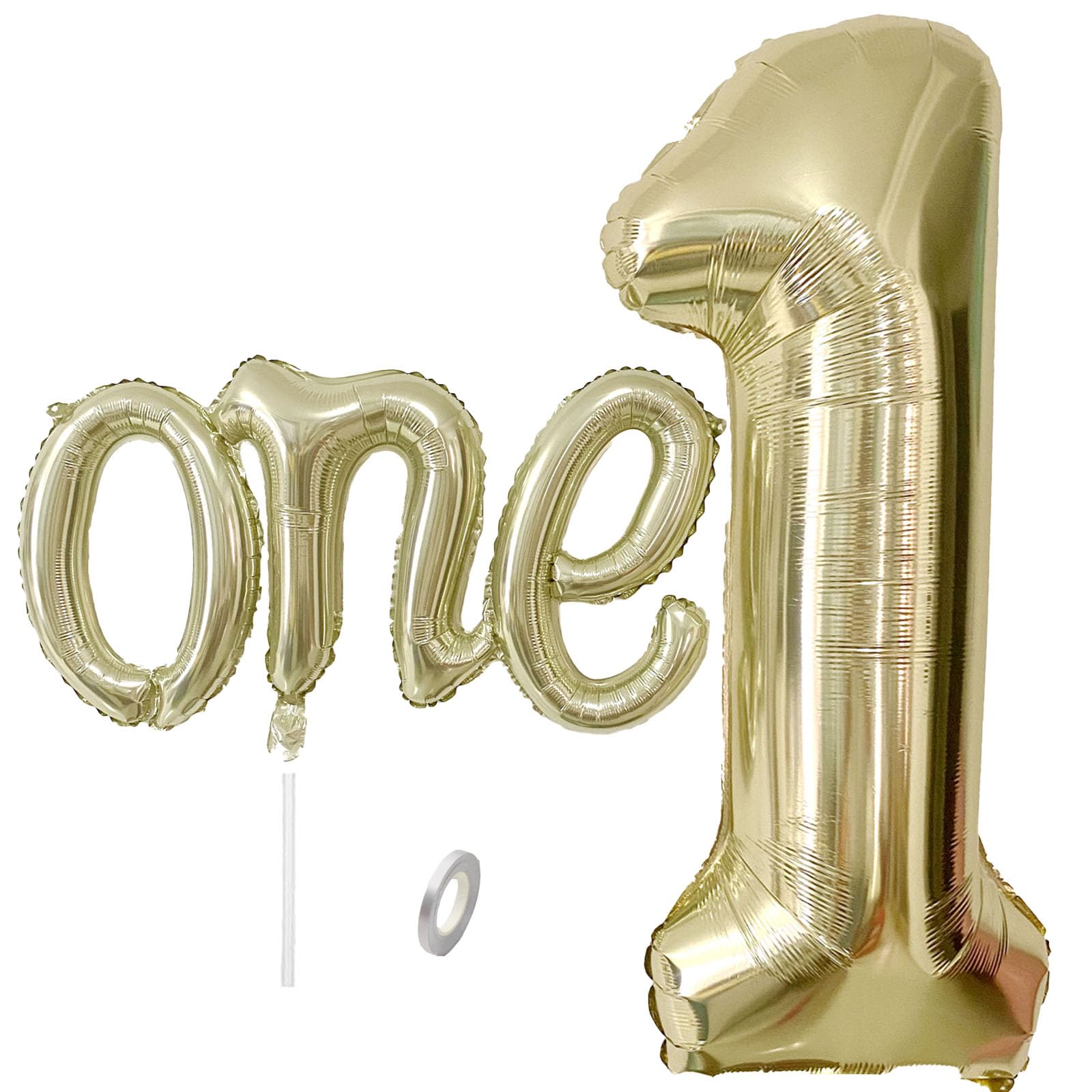 2Pcs Champagne Gold One Balloon Set, 40inch Large Foil White Gold Number 1 Balloon and 26inch Script Letter One Banner for Boy or Girl 1st Birthday Decorations