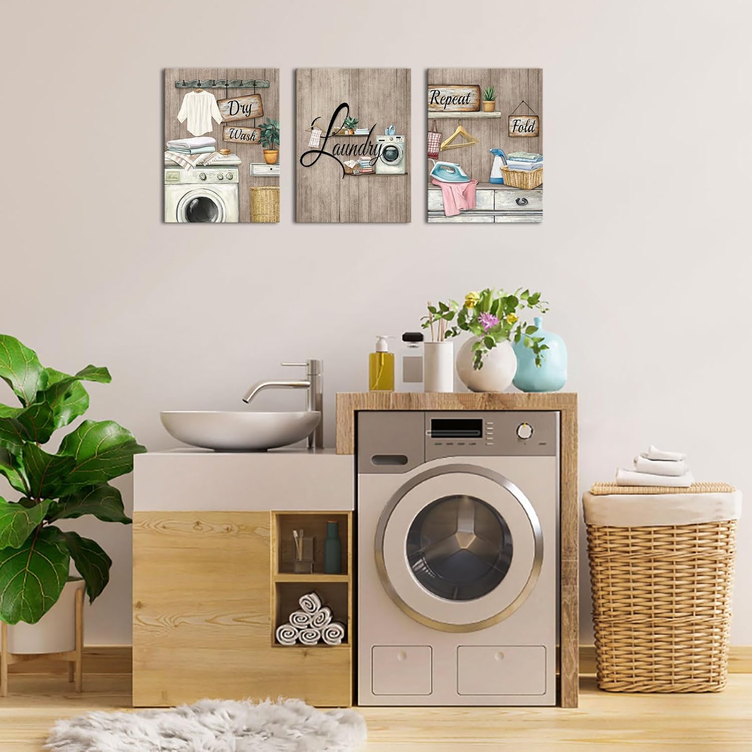 PoGoXiPoYo 3 Pieces Laundry Room Wall Art Canvas Prints Wash Dry Repeat Fold Laundry Signs Pictures Rustic Wall Decor Ready to Hang Brown 12"x16"x3