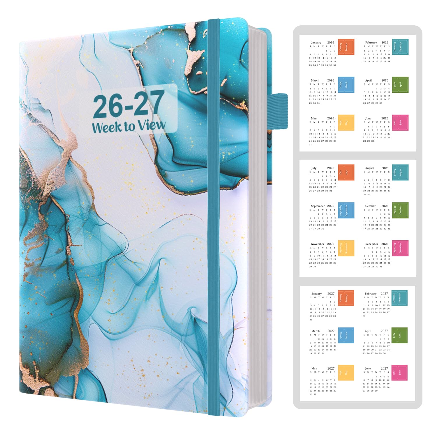 2026-2027 Diary A5 Week to View, July 2026 to June 2027, 18-Month Organiser with Calendar Stickers, Monthly Tabs, Hardcover & Banded, Pen Loop, Inner Pocket