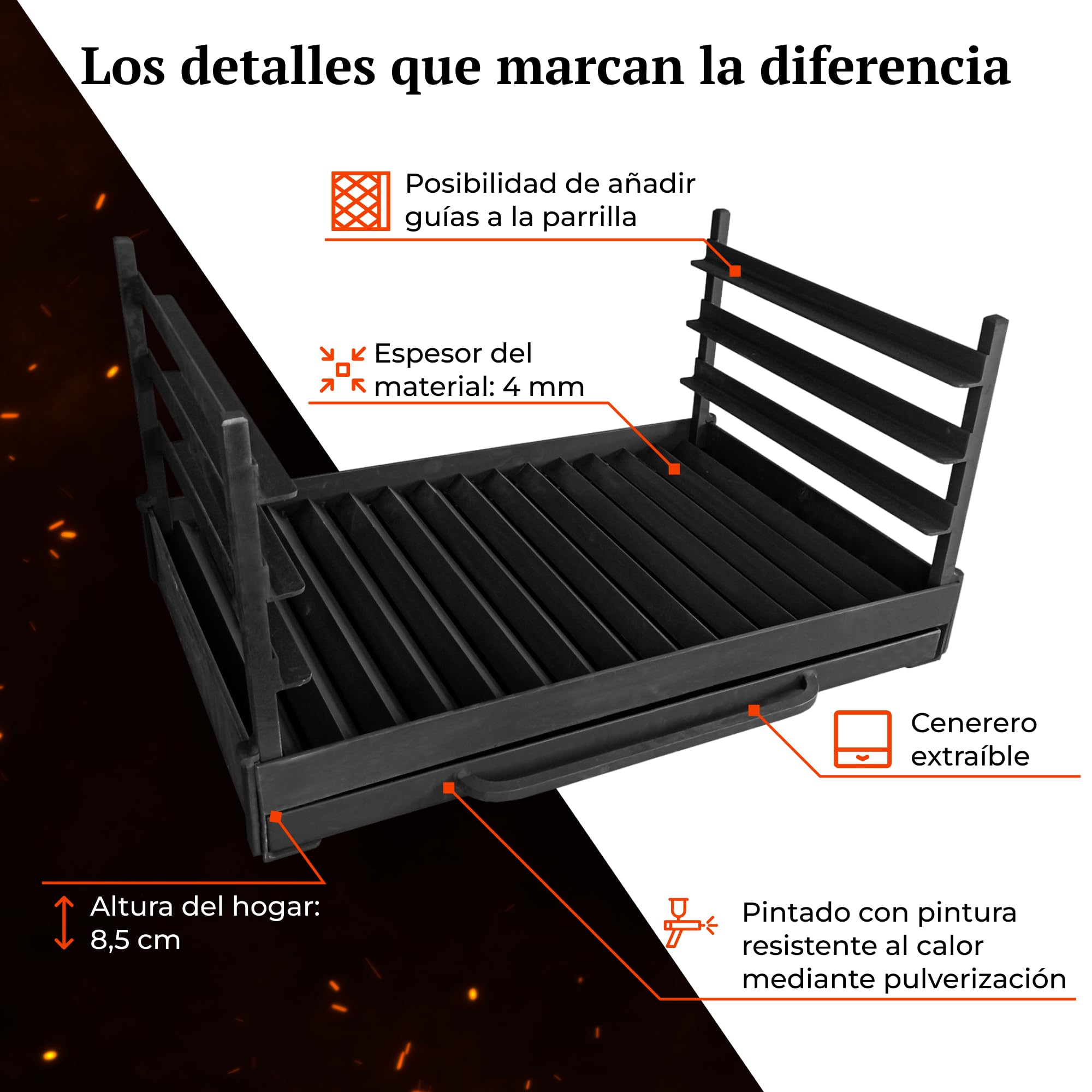 PDG | Brasero/Parrilla de leña a Medida con cajón de Cenizas | Parrilla para Chimenea, Barbacoa y Cocina Exterior | Estructura de Acero | Rejilla Acanalada | Insertable o Independiente