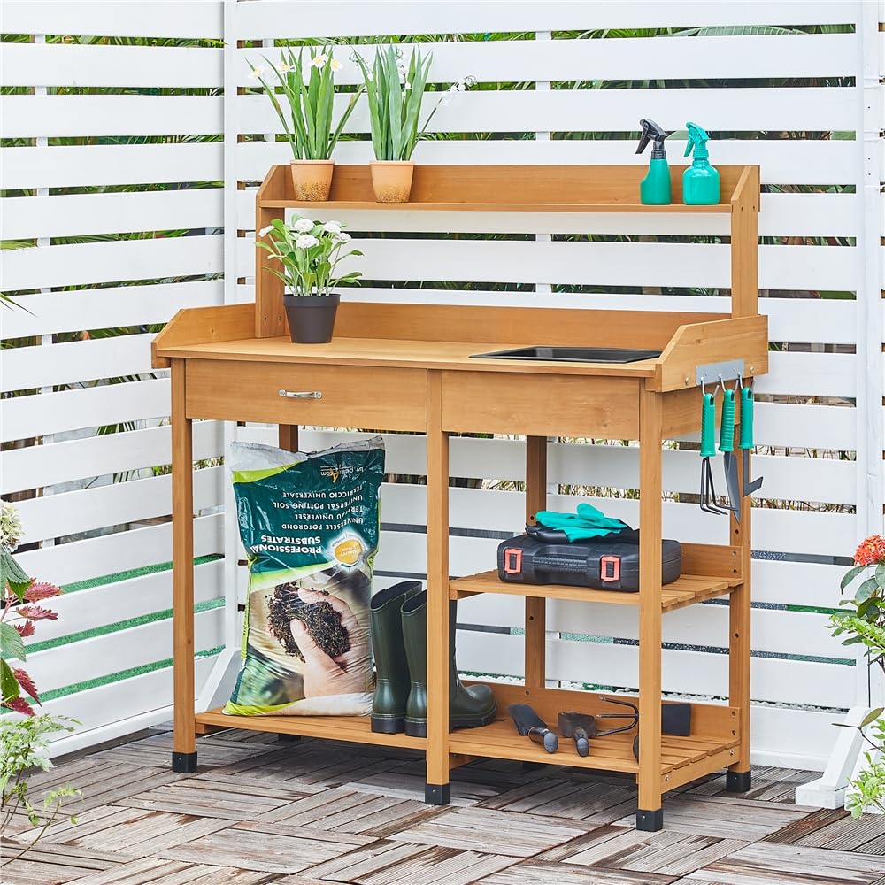 Yaheetech Mesa de Jardinería Exterior, Mesa de Trabajo y Cultivo | de Madera Abeto, para Terraza Patio, con Ganchos, Tamaño 114.8x45x121 cm