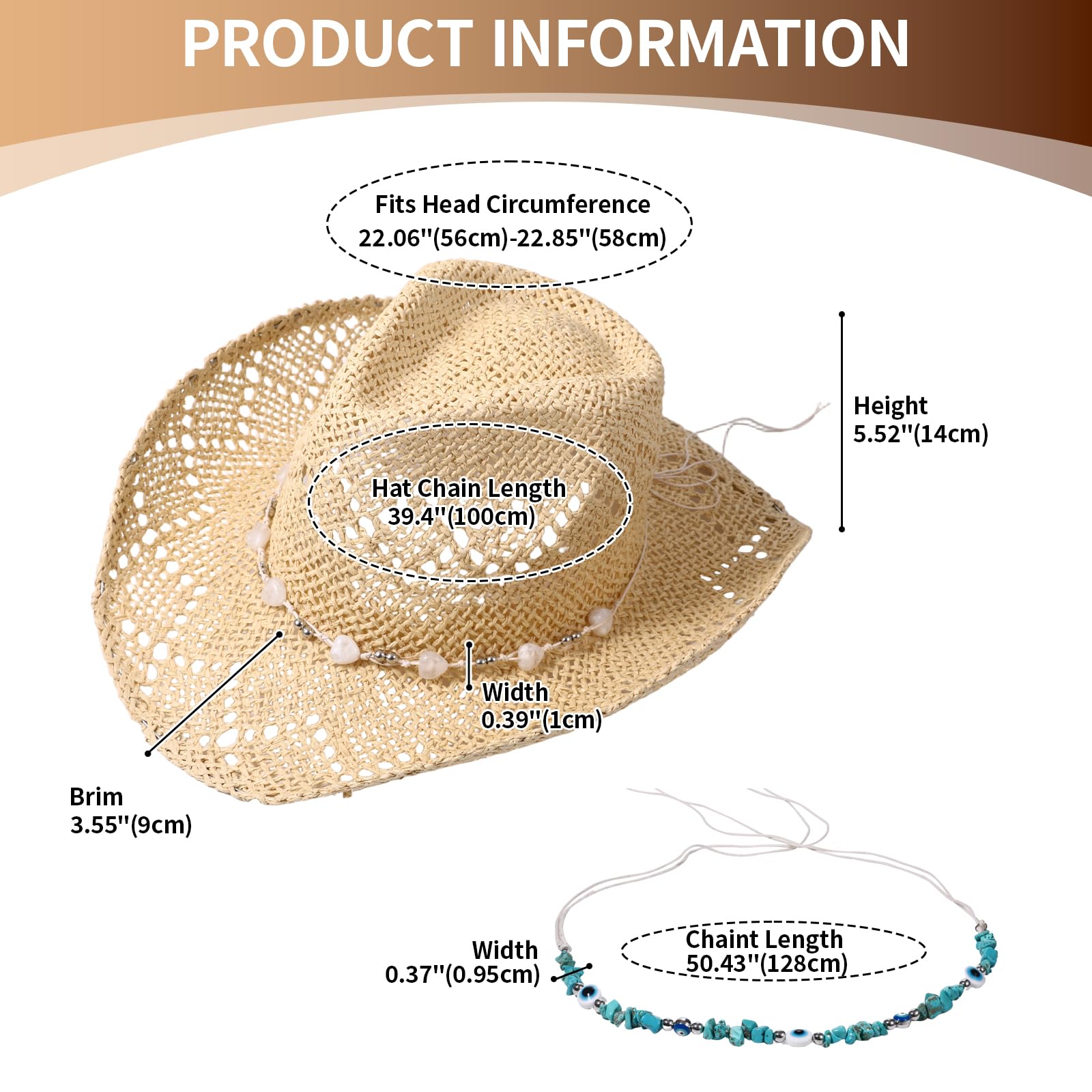 JewelryWe Boho Strohhut Sonnenhut für Damen, Western Cowboyhut mit 2 austauschbaren Schmuckketten Atmungsaktiver Strandhut UV Schutz Sommerhut mit Krempe für Strand