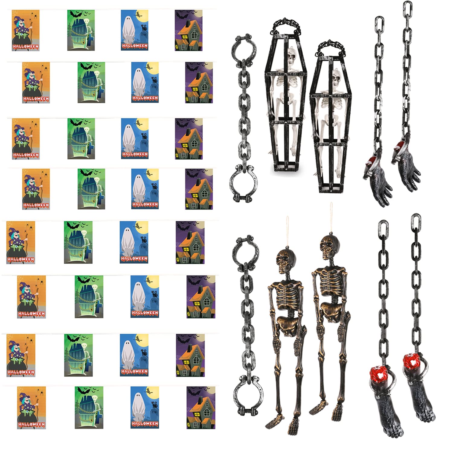 Halloween Decoration Bundle - 3 x Halloween 10m Bunting 2X Skeletons In Coffins, 2X Hanging Skeletons, 2X Severed Feet On Chains, 2X Severed Hands On Chains, 2X Shackles - Halloween Party Prop Set