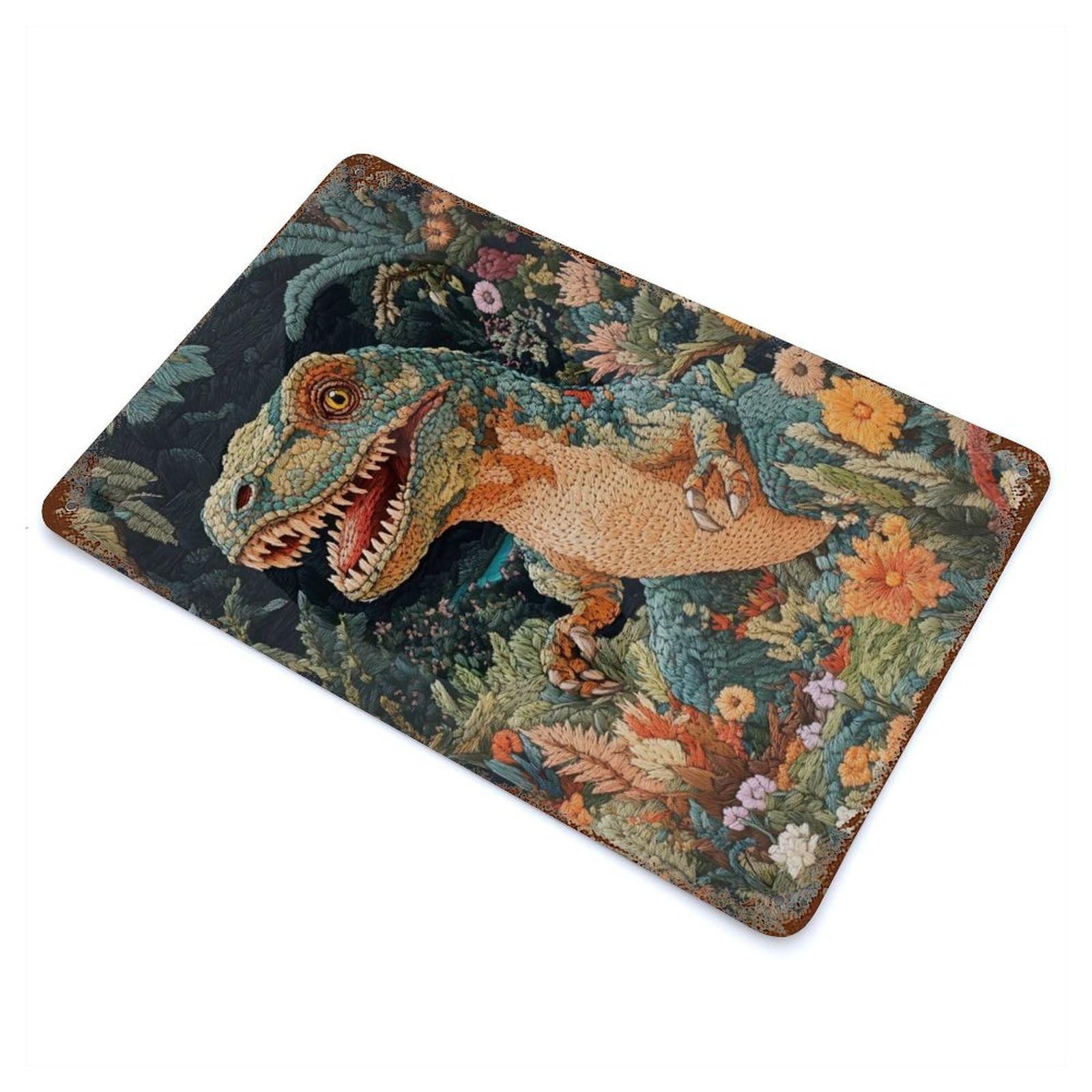 Decorative Tin Sign Dinosaur in Bloom 11.8"x7.9", Decorative Metal Wall Art for Garage, Bar And Workshop Decor
