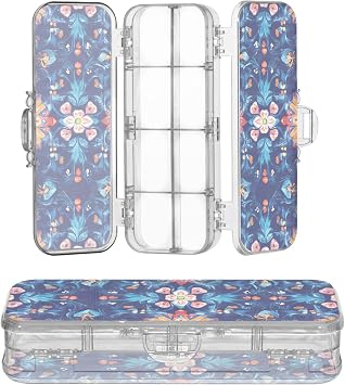 Bohemian Flowers Royal Blue Plastic Pencil Box Double Deck Penscases For Stationery Supplies With Snap-Tight Lid