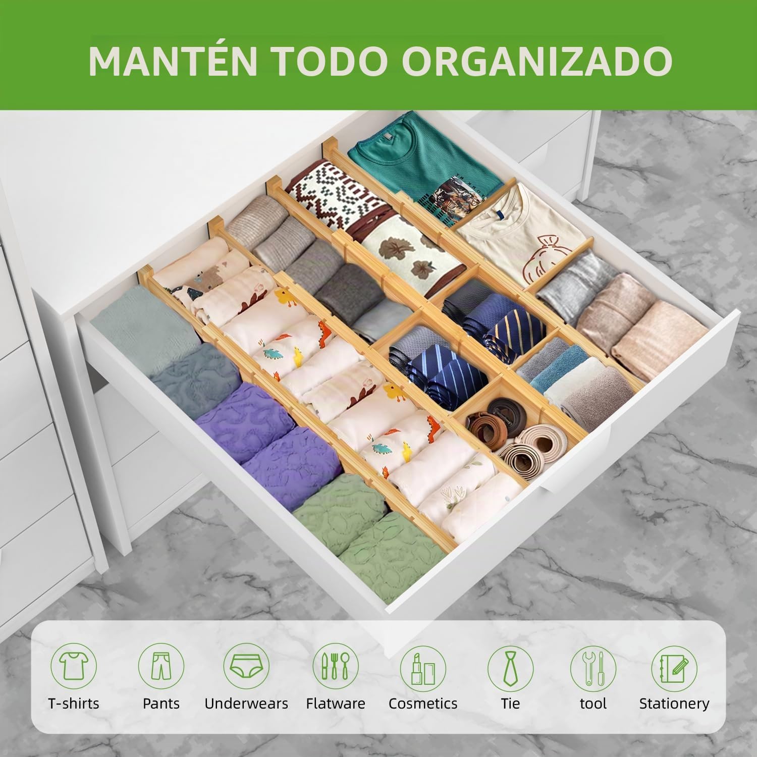 ANTOWIN Paquete de 4 separadores de cajones expandibles, 5,7 cm, se extiende de 43 cm a 56 cm, organizadores de cajones para cocina, dormitorio, oficina, baño (natural)