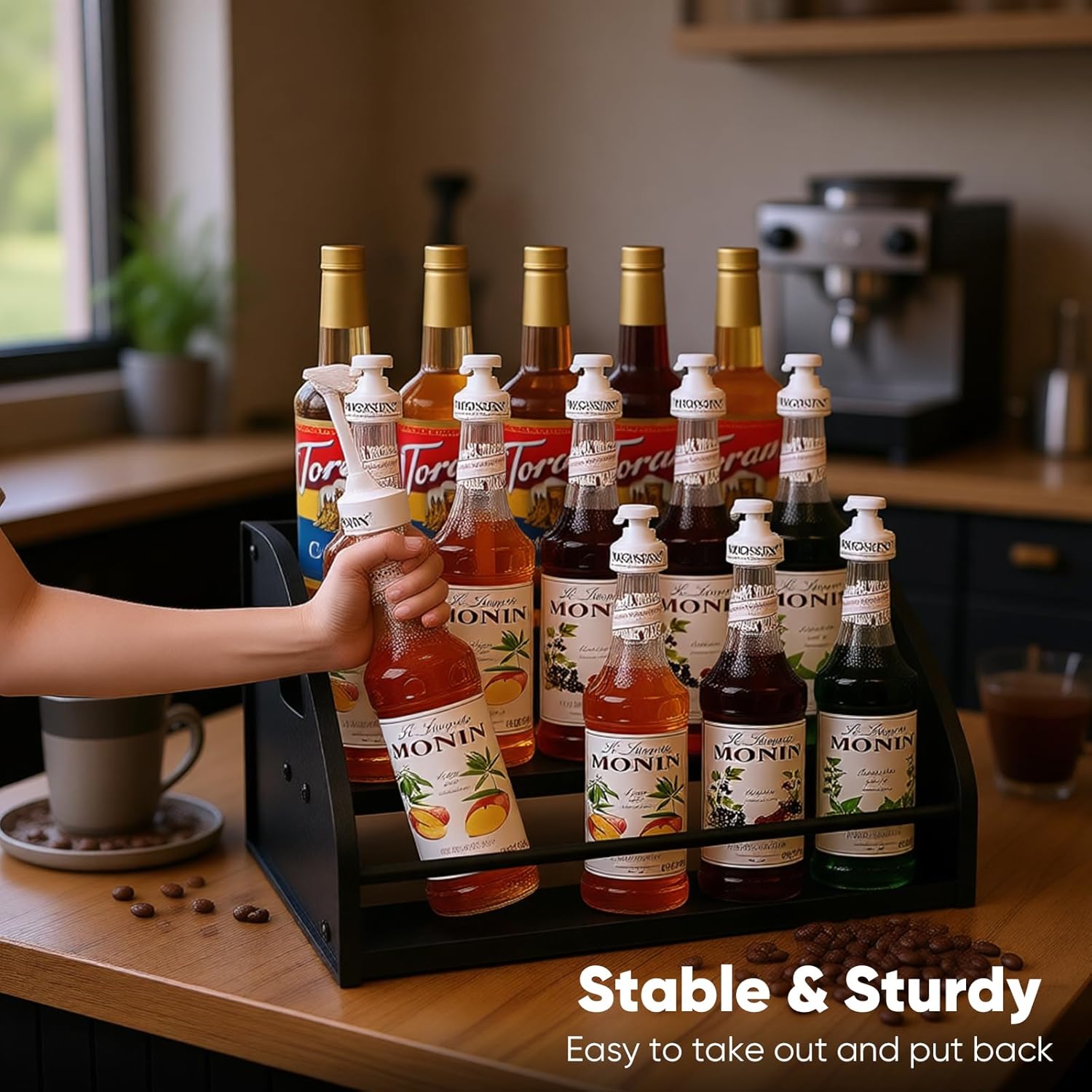Coffee Syrup Rack- Extra Large for 15 Syrup Bottles Holder- Rustic Countertop Display Shelf for Liquor Bottles, Coffee Bar, Kitchen Cabinet- Pantry Storage for Water Bottles, Spirits & Whiskey