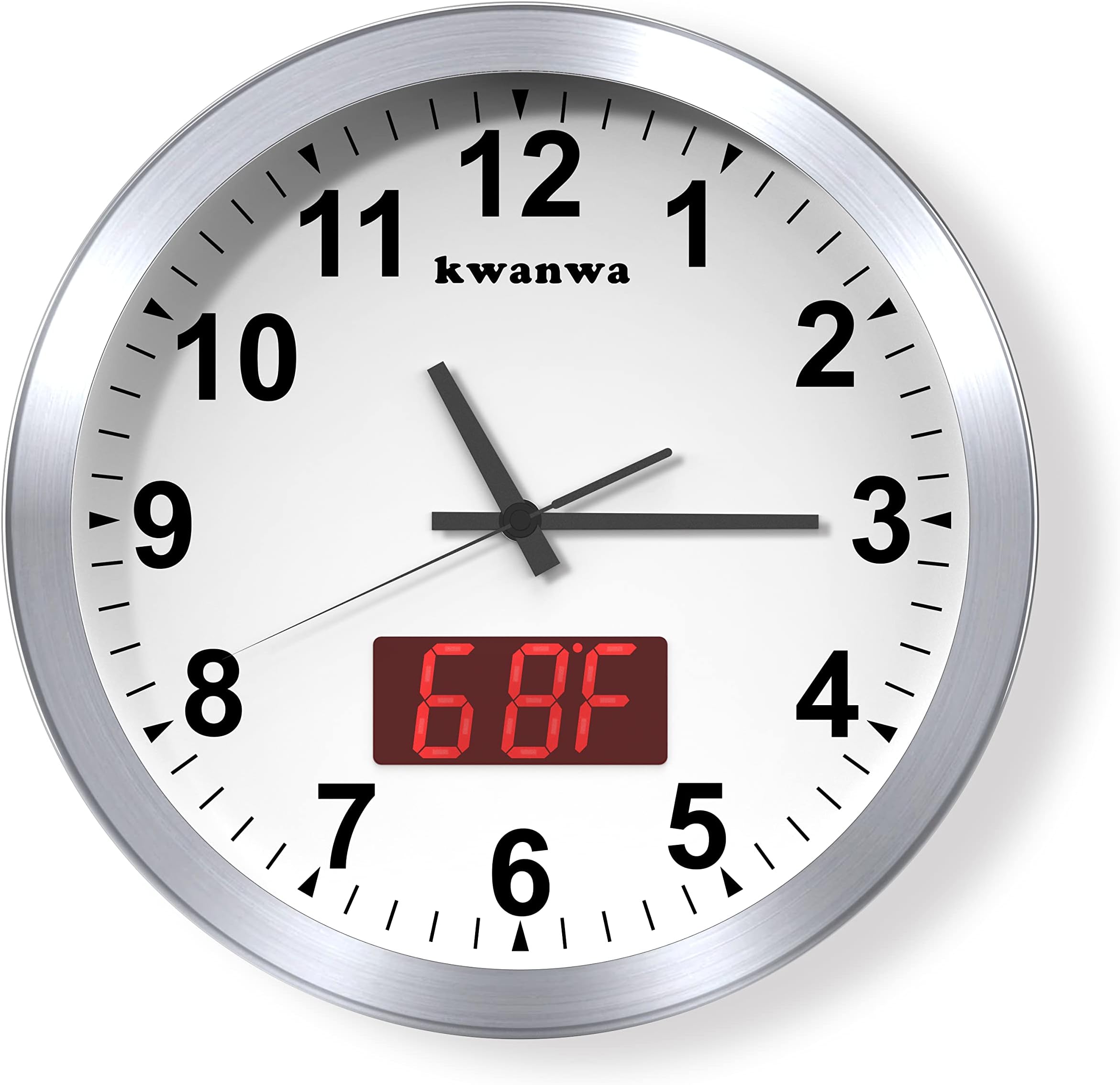 Wall Clock, 12" Metal Quartz LED Wall Clock, 1.4'' Light Sensor Auto Digital LED Time Display or Temperature, Adjustable Brightness, Battery Operated, Non Ticking Silent Quiet Sweep Second Hand