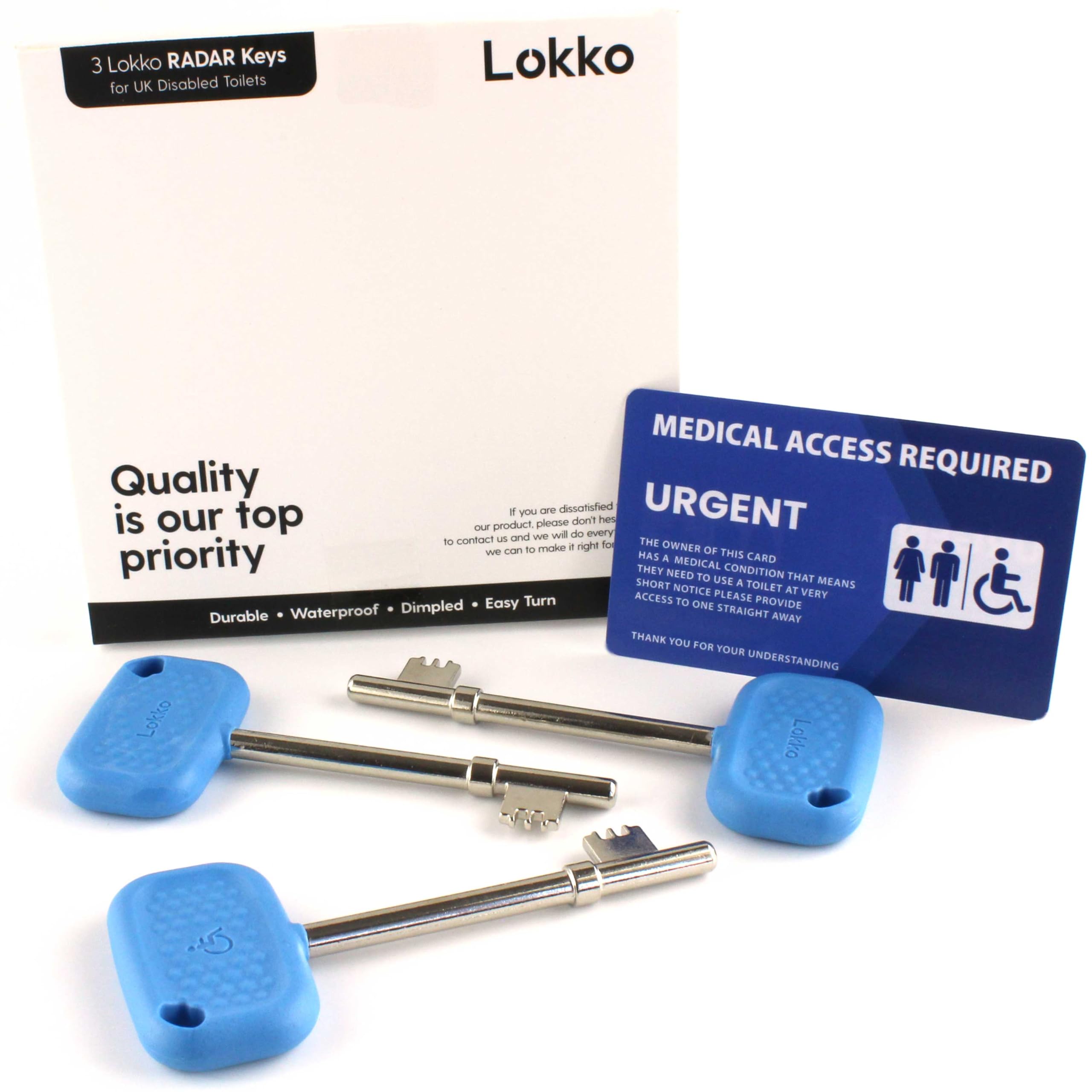 Lokko Radar Key for Disabled Toilets UK (3 Pack), Boxed with Bonus Toilet Use Card, Blue, Dimpled Grip, Durable, Waterproof