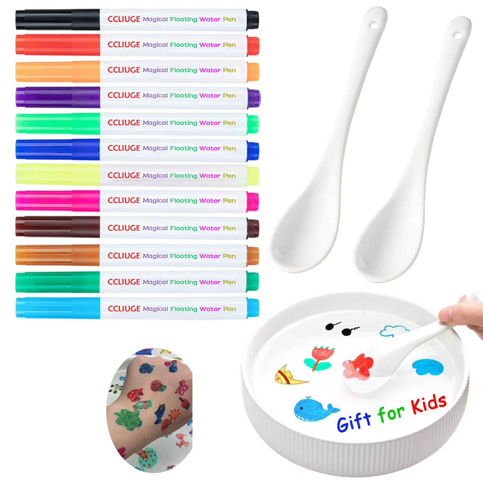 Magical Drawing Pens for Kids Water, Kiddies Create Magical Floating Drawings Bundle, 12 Colors Magic Water Painting Marker Set with 2 Spoons, Water