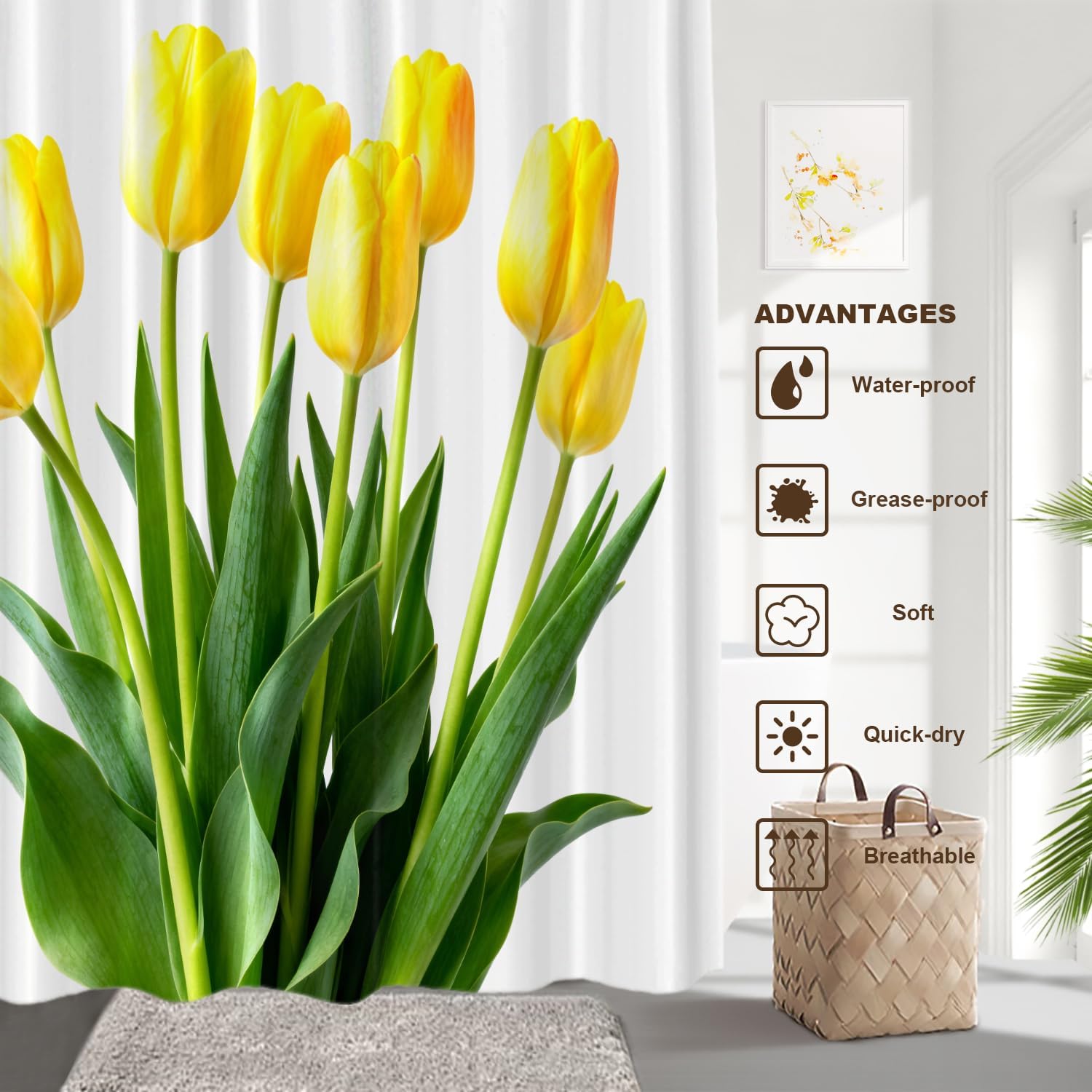 Yellow Romantic Floral Decor Shower Curtain,White Elegant Tulip Polyester Shower Curtain for Shower Stall Bathroom Waterproof with 10 Hooks 60x72 Inch
