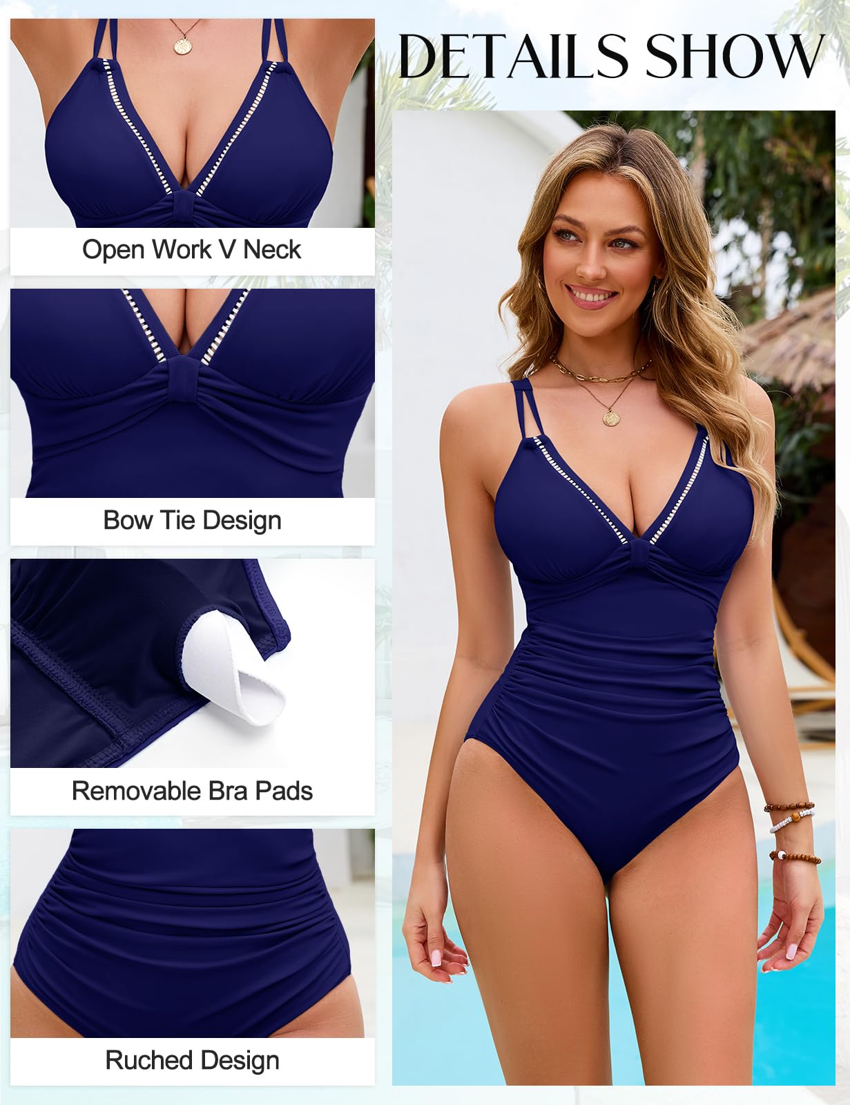 Nadeer Bañadores Mujer Reductores Barriga Sexy Cuello en V con Dos Tirantes Push Up Trajes de Baño Una Pieza para Piscina y Playa