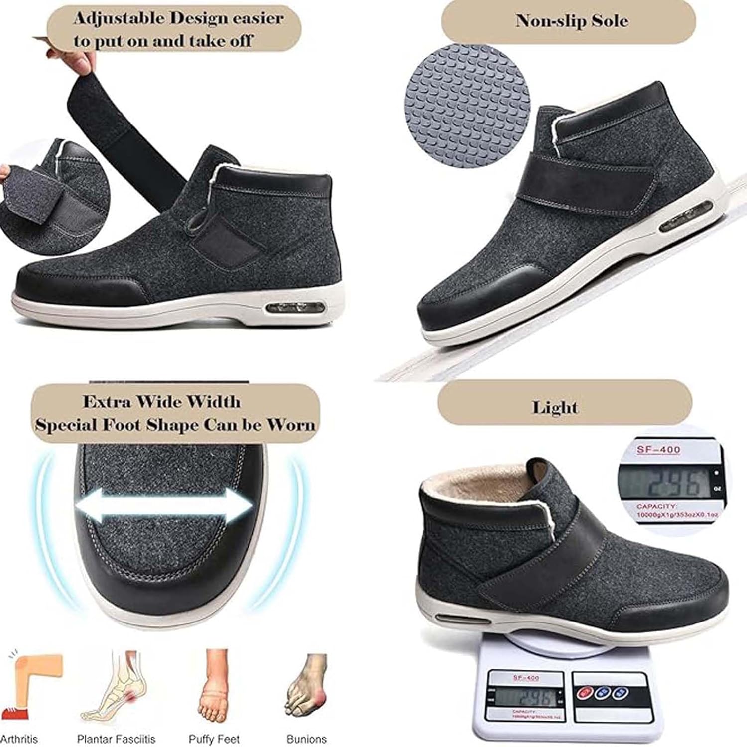Walking Shoes with Arch Support, Cozy Wide Diabetic Footwear, Adjustable Closure Boots, Comfortable Casual Shoes for Elderly, Swollen Feet & Edema Relief