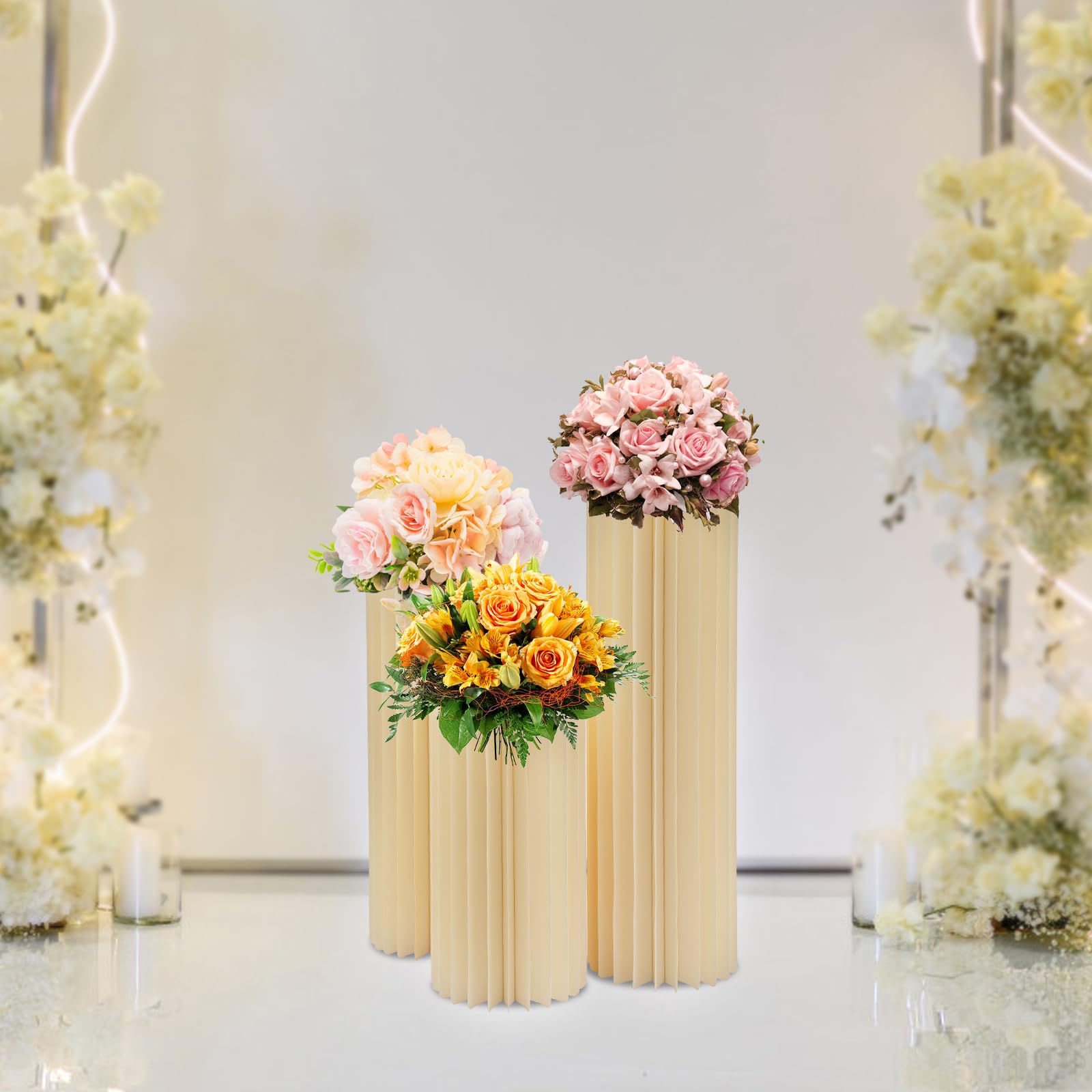 3 unidades de cartón plegable para boda, soporte de cilindro redondo, soporte de base, soporte de flores, decoración para bodas, fiestas, jardín, decoración de jardín (profundidad x altura): 30 x 60