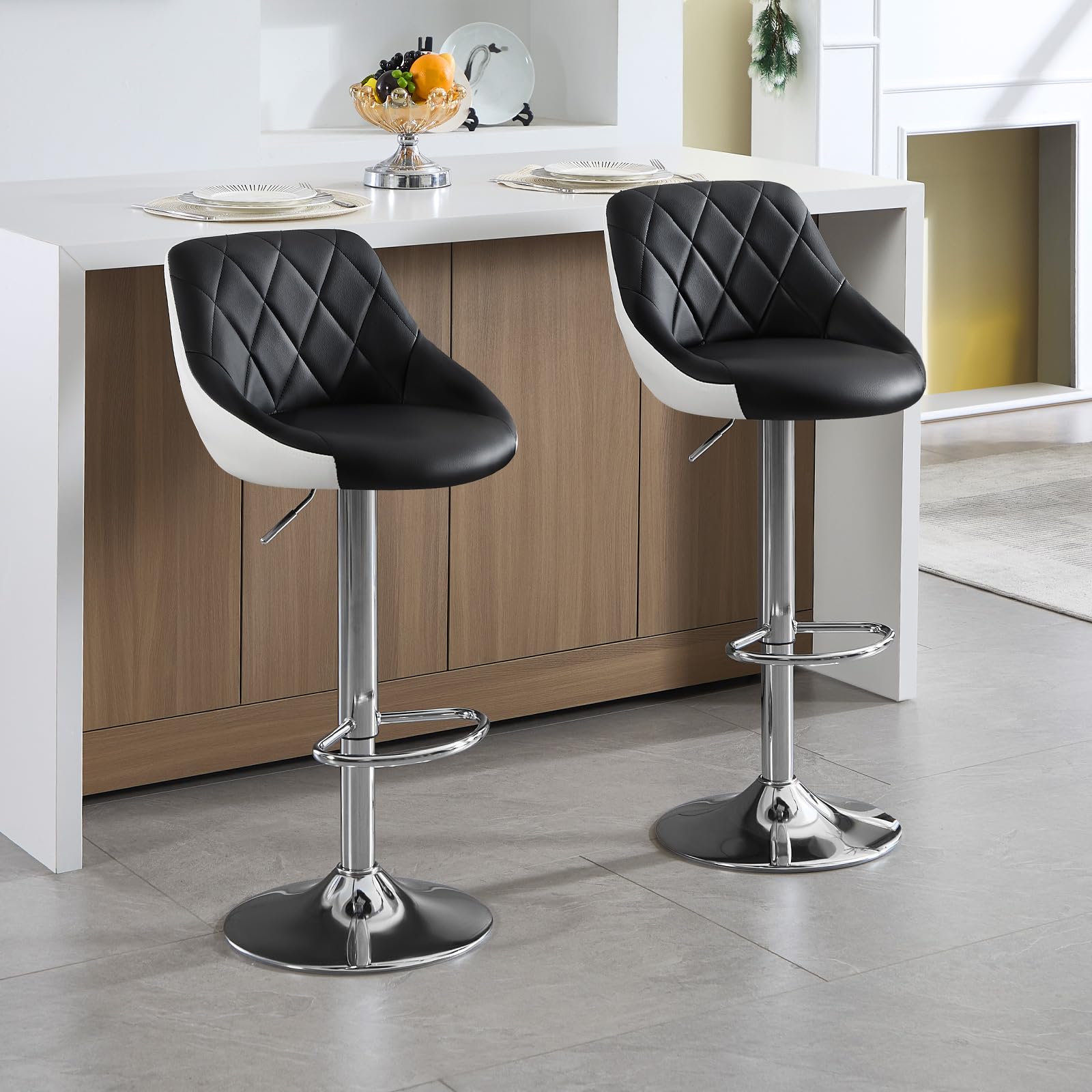 WOLTU Barhocker 1er Set, Barstuhl Höhenverstellbar, PU-Bezug, Schwarz+Weiß | Drehbarer Bar Stool mit Rückenlehne und Fußstütze, rutschfeste Metallfüße, für Küche und Hausbar