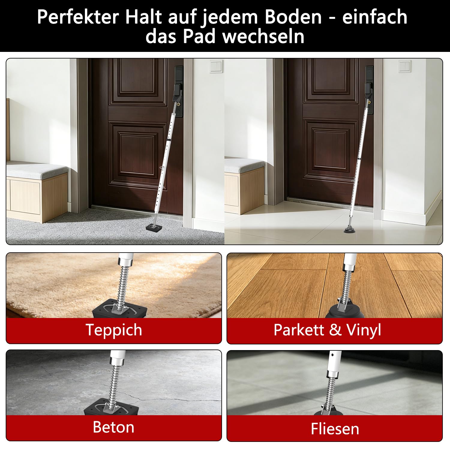 3-H 2X Türsicherung Einbruchschutz ohne Bohren,Teleskopstange 77-122cm,Weiß | Klemmstange aus Stahl mit Tragetasche, Sicherheitsstab für Haus- Wohnungs- Terrassen- und Schiebetüren als Türverriegelung