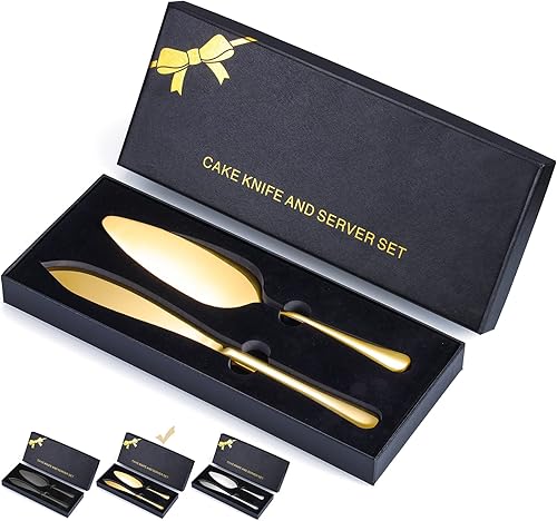 Juego de corte de pastel dorado con caja de regalo de lujo, servidores de pastelería de pastel de acero inoxidable, juego de servir pastel dorado,