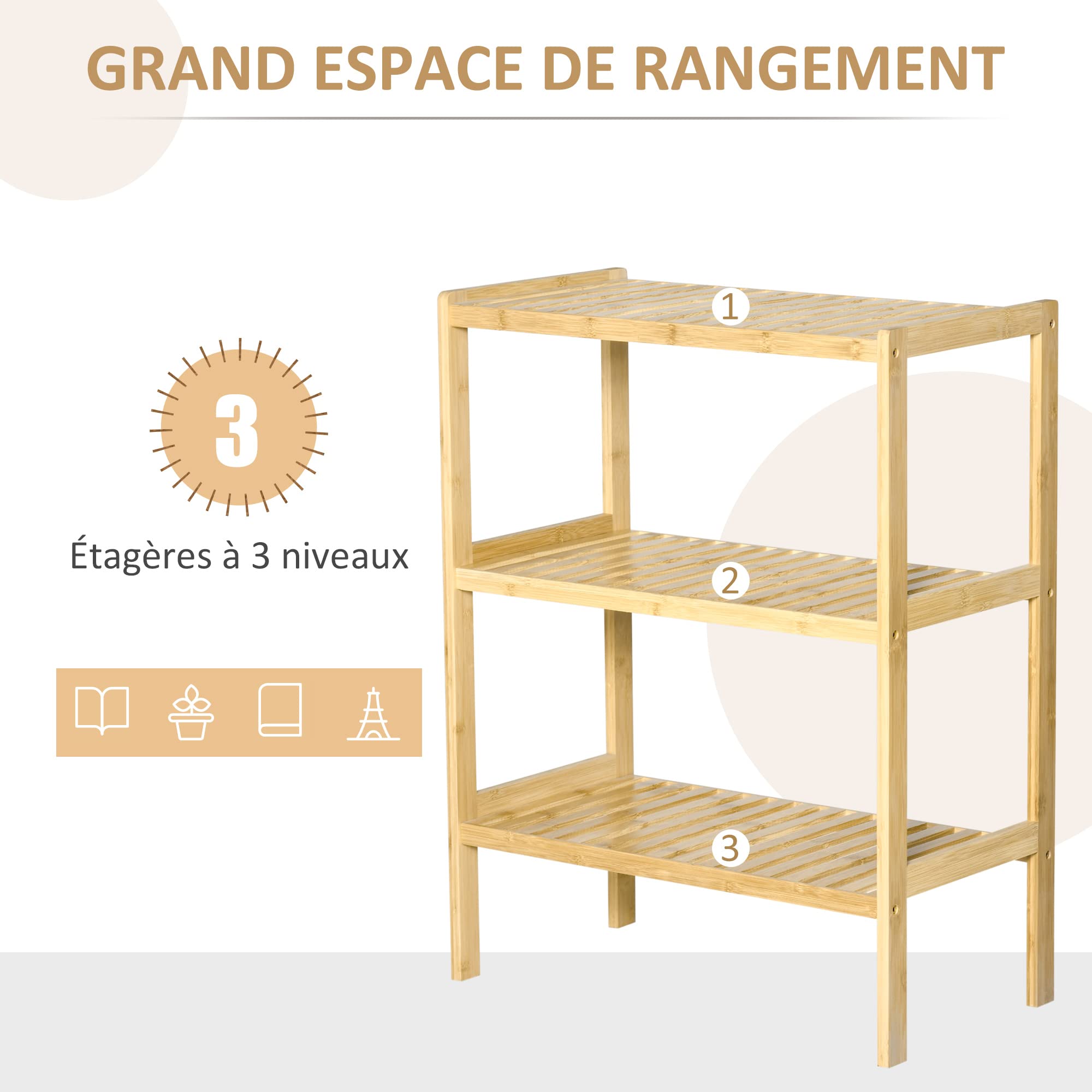 HOMCOM Étagère de Rangement Bambou 3 Niveaux 62 x 33 x 80 cm Bois Naturel | Bibliothèque, pour Salon, Chambre et Bureau