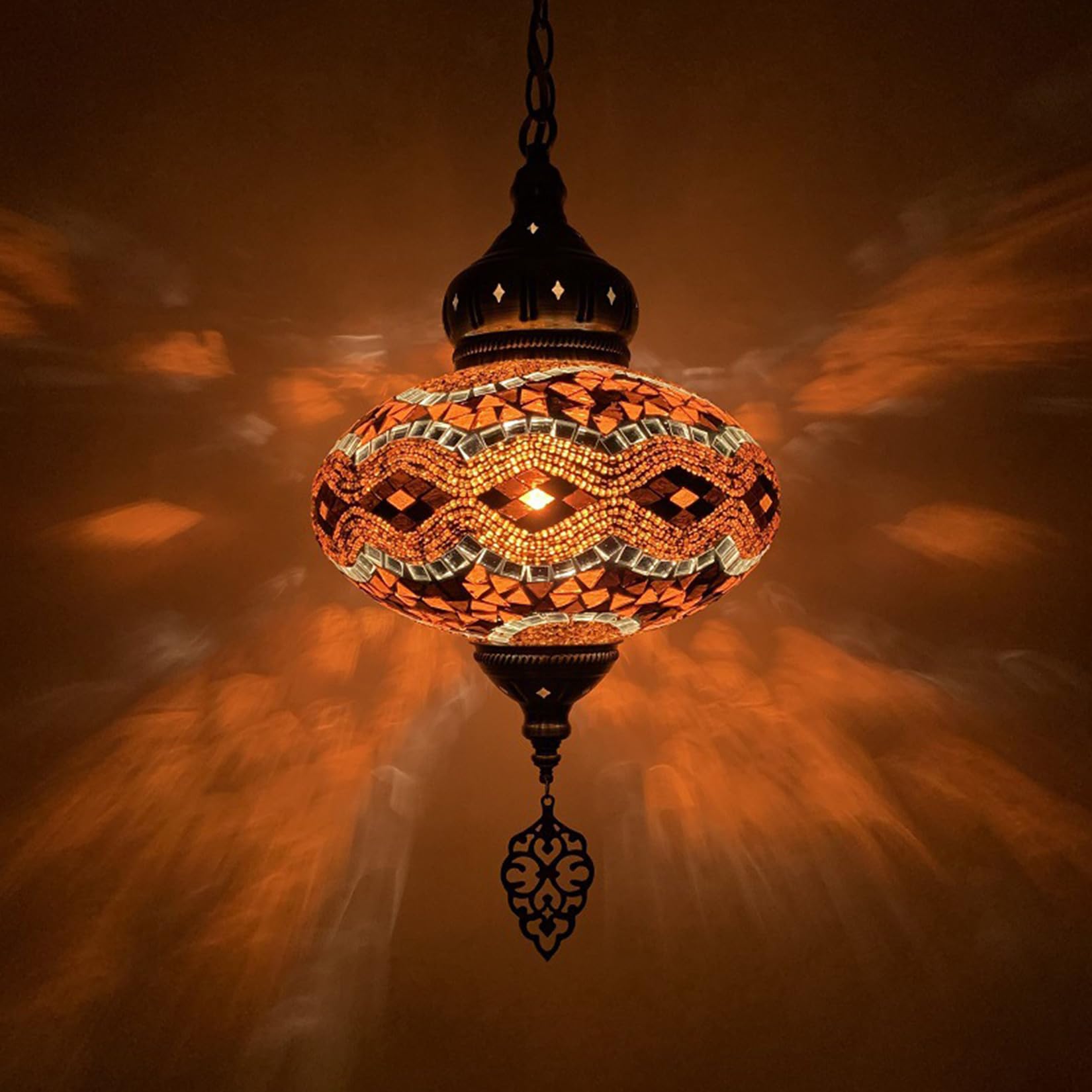 BOTOWI Turkish Moroccan Mosaic Hanging Pendant Ceiling Light 10" Globe Diameter Handcrafted Glass Lampshades, Vintage Tiffany Style, Mediterranean Bohemian Decor Ideal for Indoor Living Room,Gold
