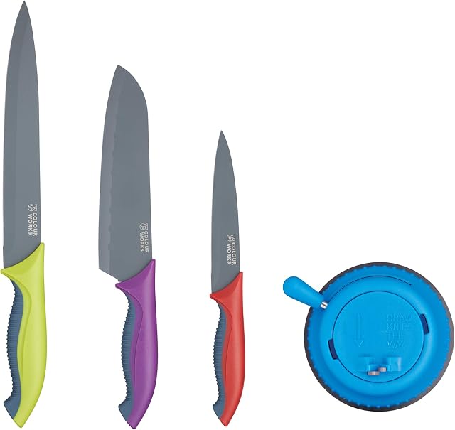 Colourworks Kitchen Knife Set with Knife Sharpener, In Gift Box, Stainless Steel - Multi-Colour (Set of 3 Kitchen Knives and Sharpener)