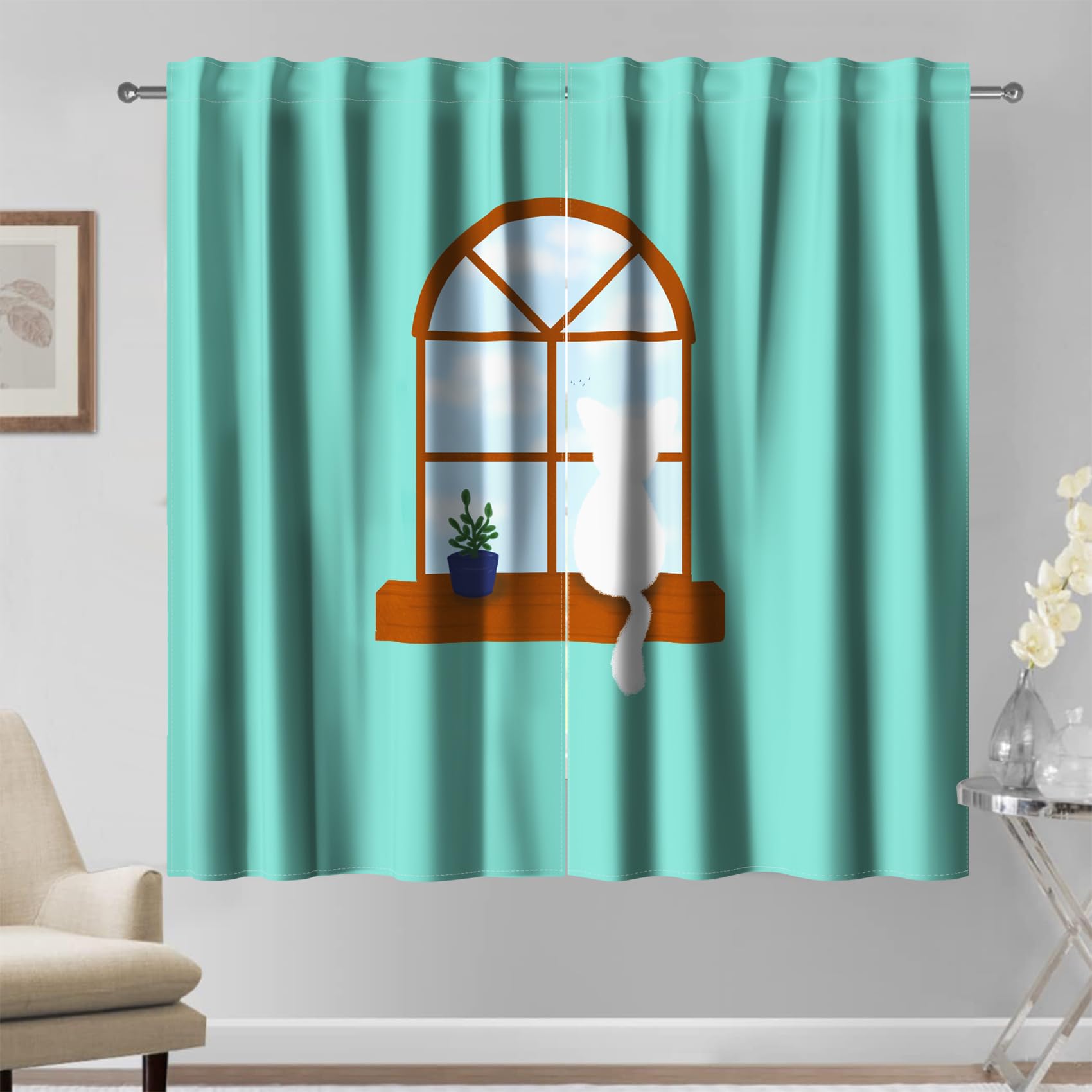 Kzzfqxb 117x229cm hellblaue Vorhänge, 2 Paneele, grün-blau, Cartoon Topfpflanzen, weiße Katze, für Kinderzimmer, Kinderschlafzimmer, Wohnzimmer, Esszimmer