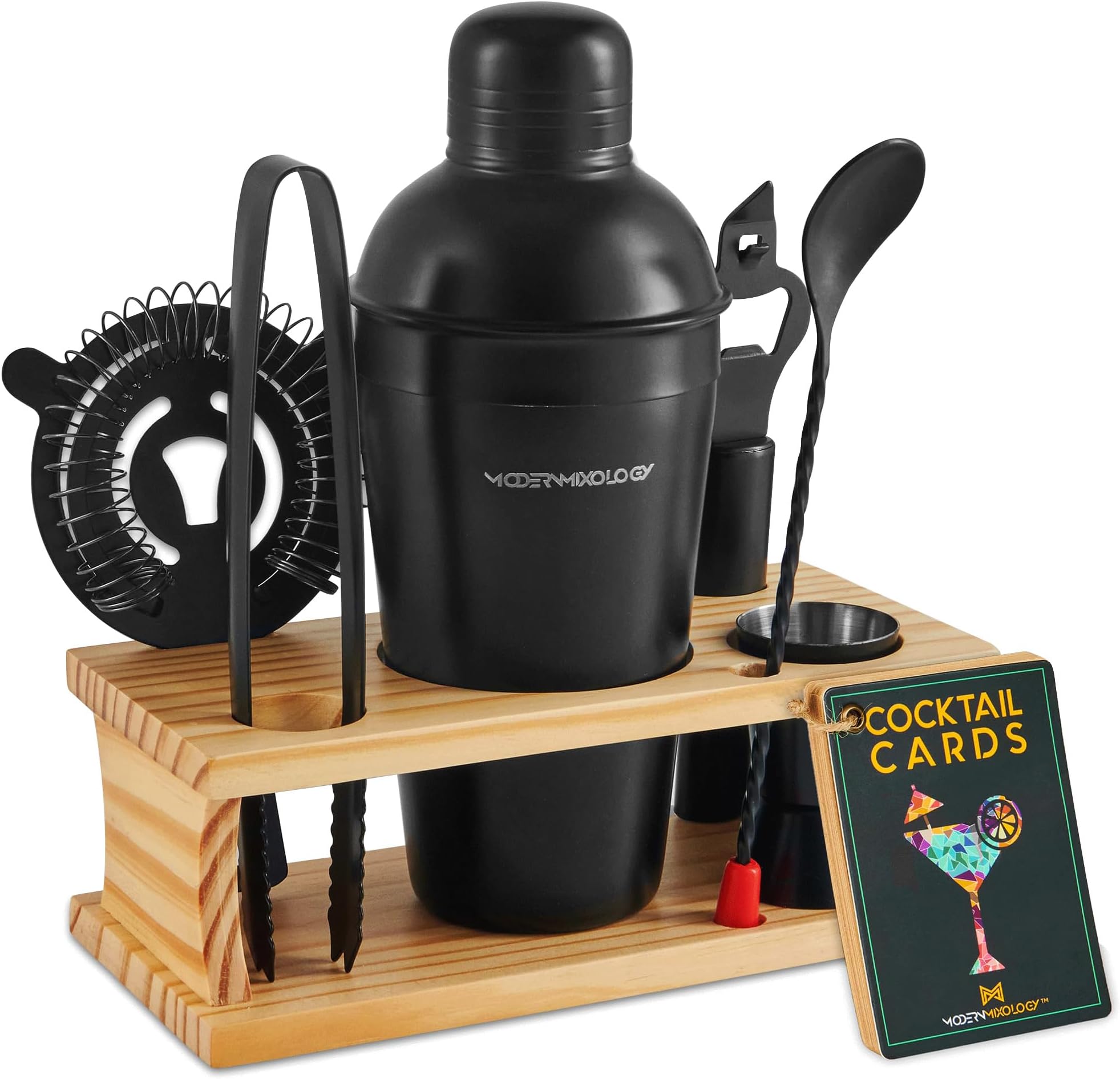 Modern Mixology Cocktail Shaker Set - 8 Piece Bartender Kit on Quality Pine Stand | Complete Cocktail Kit Gift Set | Top Bartender Gifts for Men | Leak Proof Design (Black)