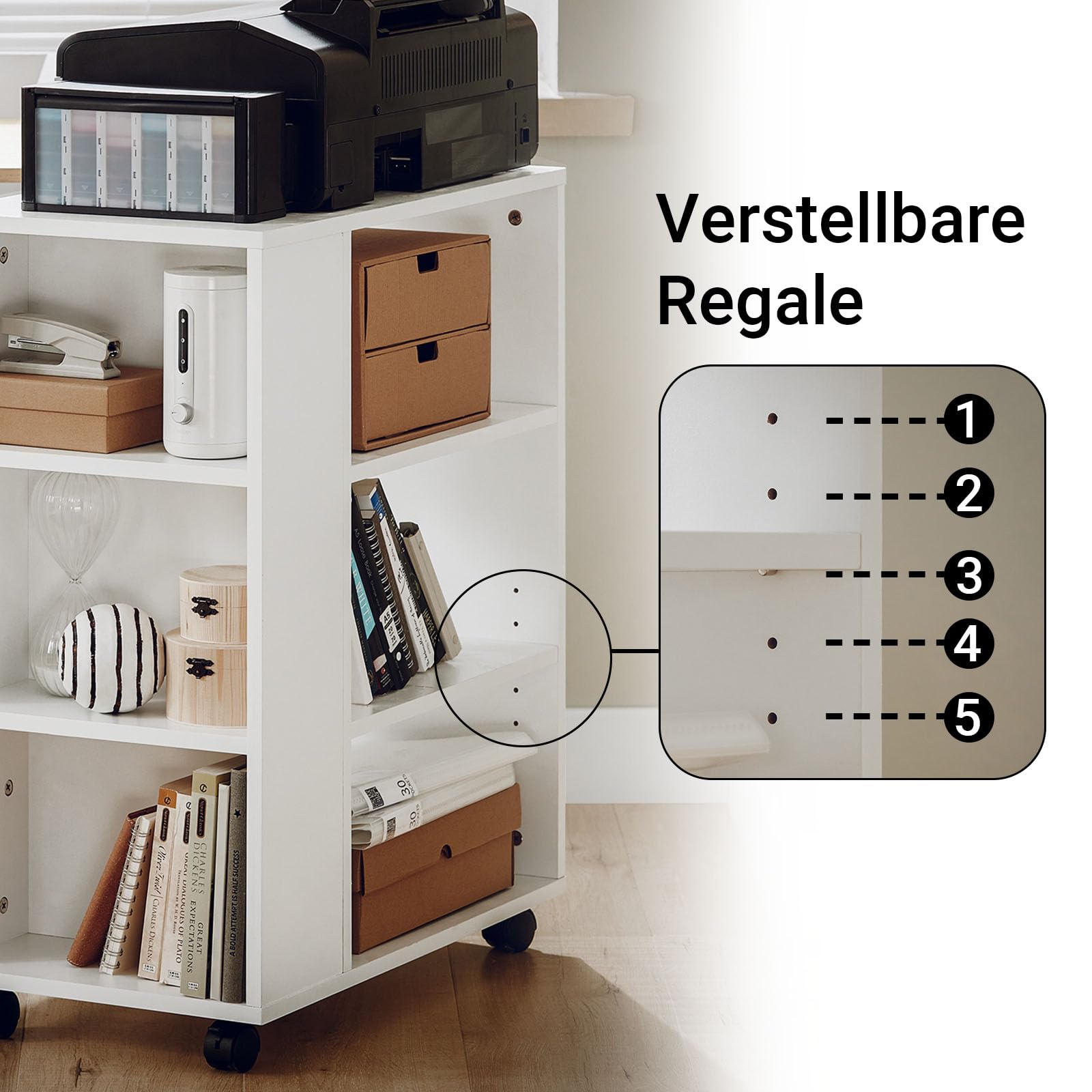 SoBuy Druckertisch mit 7 offene Fächer, Rollcontainer für Büro, 60x75x35 cm | Druckerschrank aus PB(E1), 35 cm schmal, 1 verstellbares Regal, Beistelltisch mit Rollen für Drucker geeignet, Weiß FBT68-W