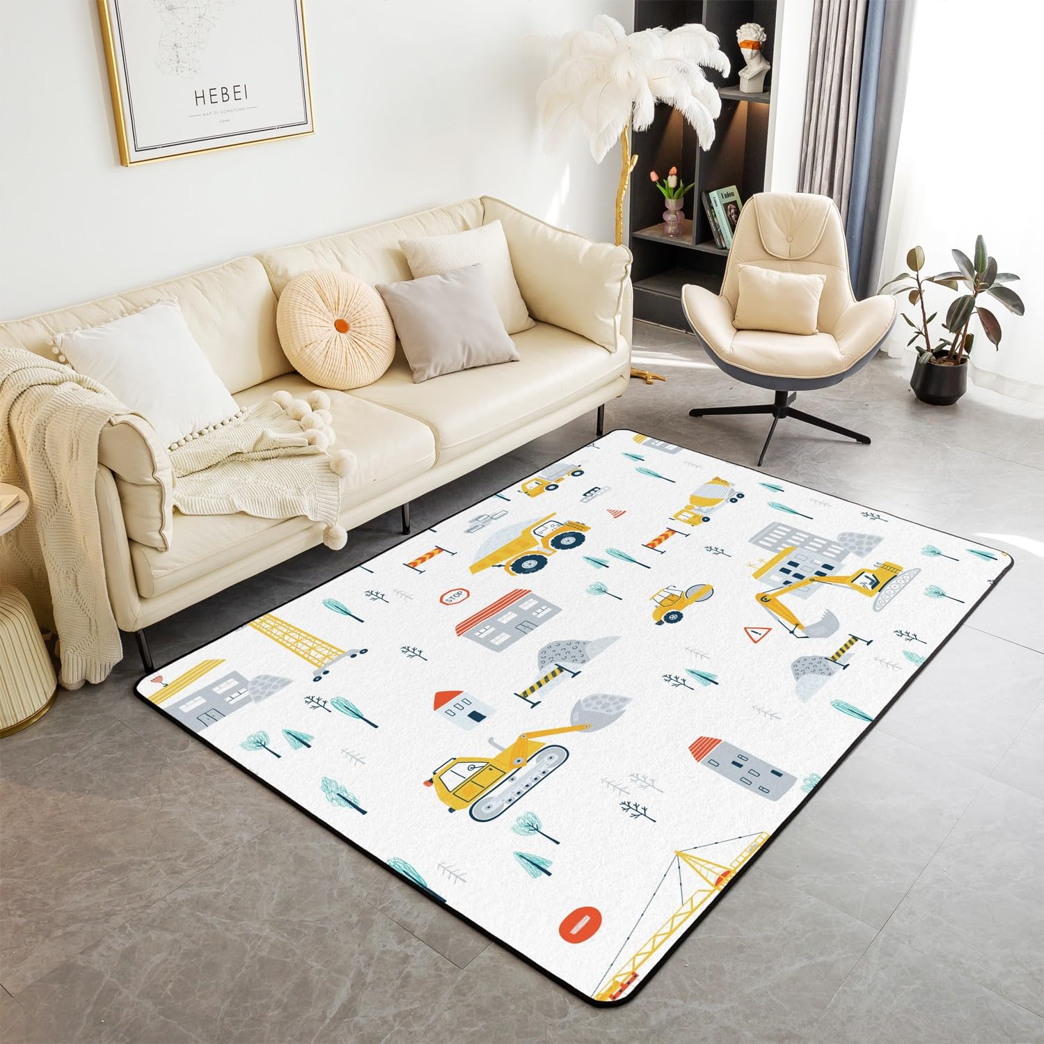 Escavatore Area Tappeto 150*200 cm Veicoli di Costruzione Stampa Tappeti per Soggiorno Camera da Letto per Bambini Cartoon Auto Tappeto Decorativo Set Costruzione Camion Cantiere Decorazione Tappetino