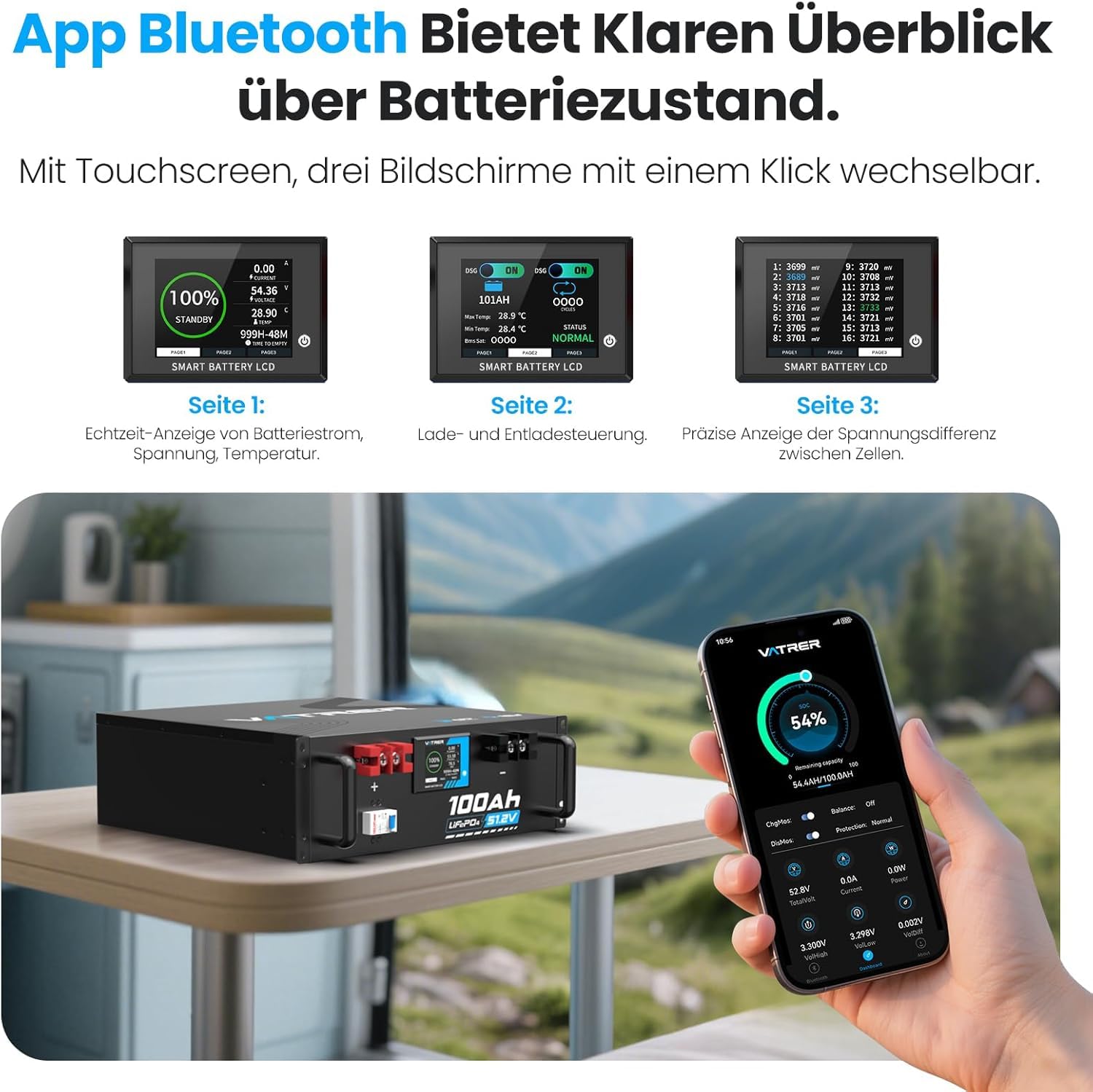 VATRER POWER Batteria LiFePO4 51,2V 100Ah Touch Display APP 100A BMS | Display touch integrato e monitoraggio completo della batteria tramite APP Bluetooth