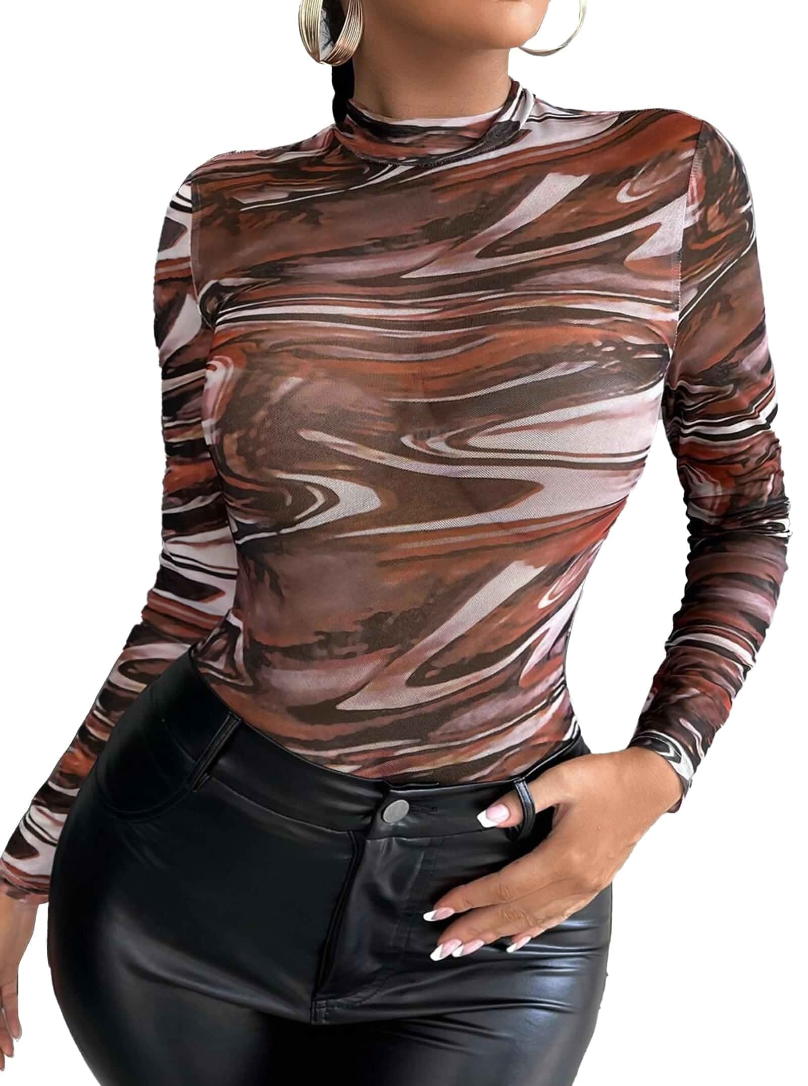 Remidoo Womens Mesh Long Sleeve Top Long Sleeve Sheer Mock Neck Shirt Fitted Sheer Mesh With Abstract Tie Dye Print, Designed For Stylish Layering Or Bold Going-Out Look