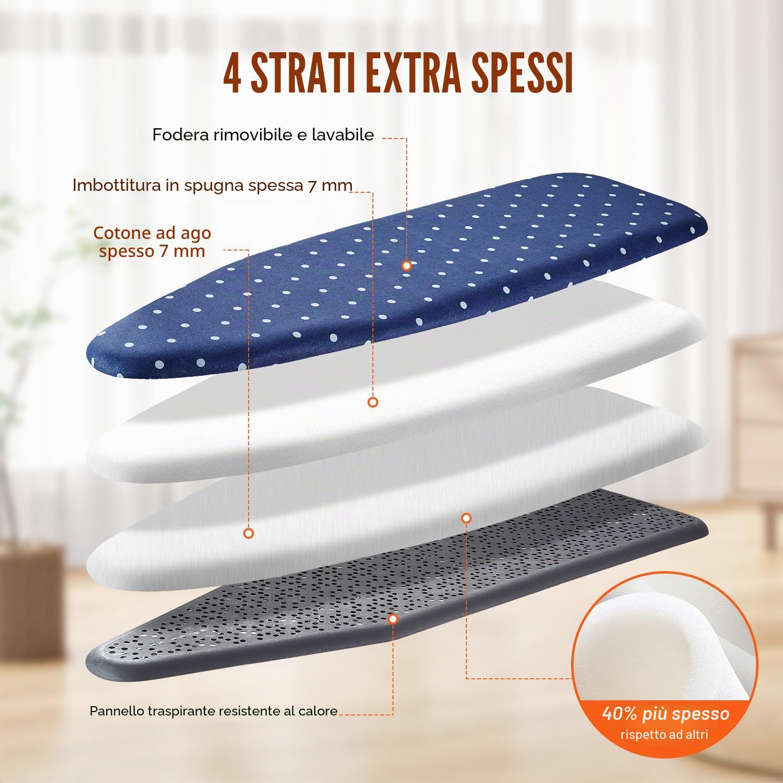 VEVOR Asse da Stiro 140 x 37 cm Asse da Stiro 4 Strati 7 Altezze Regolabili 640-970 mm con Copertura Anti-calore 100% Cotone per Casa Lavanderia Bagno 1540 x 370 x 970 mm, Asse per Stirare Pieghevole